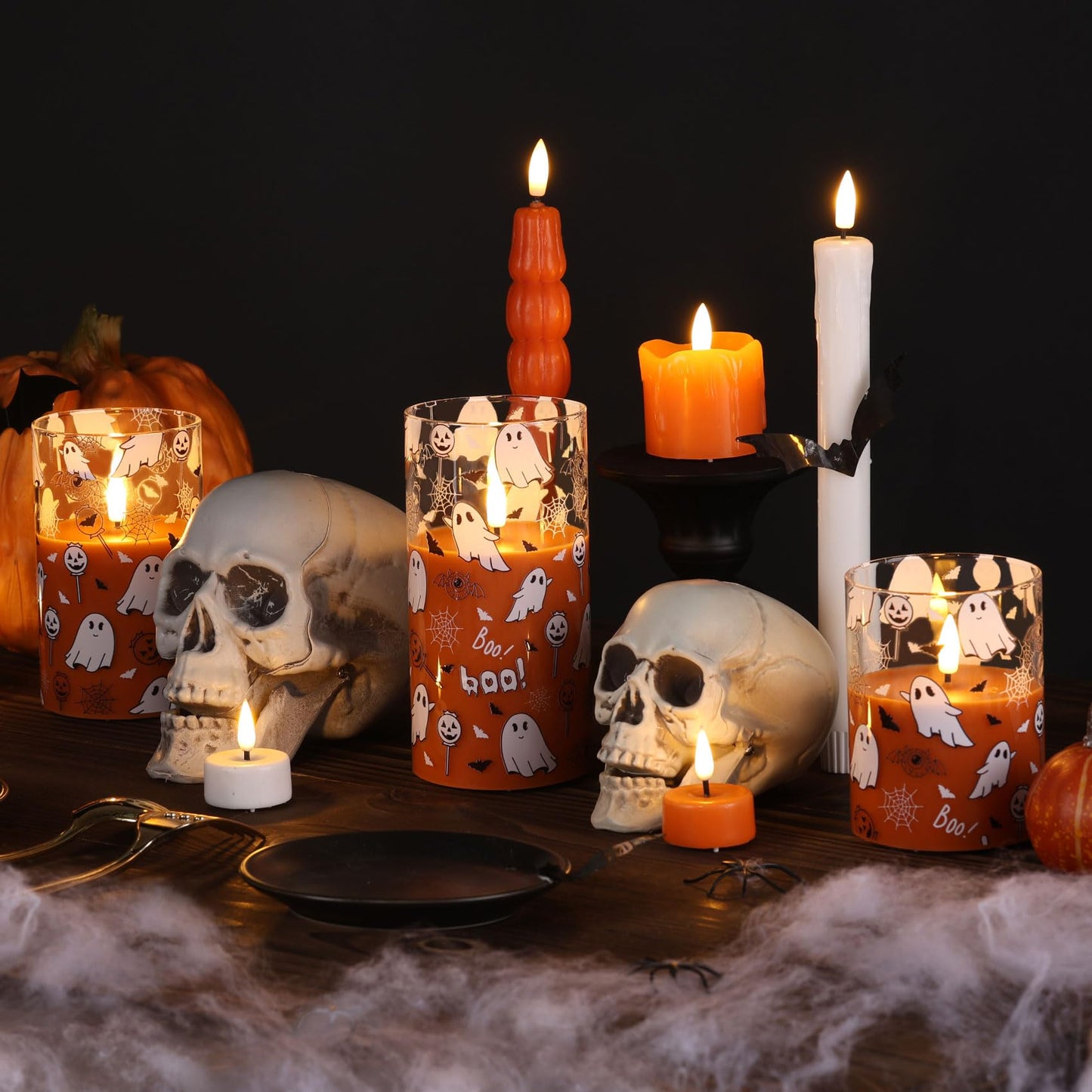 Girimax Orange Halloween Flameless Pillar Candles with Remote, Glass Flickering LED Wax Candles Battery Powered Set of 3