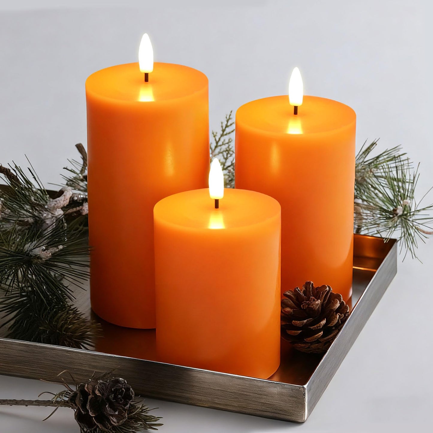 Eywamage Orange Flameless Pillar Candles with Remote, Flickering LED Wax Candles Battery Operated Set of 3