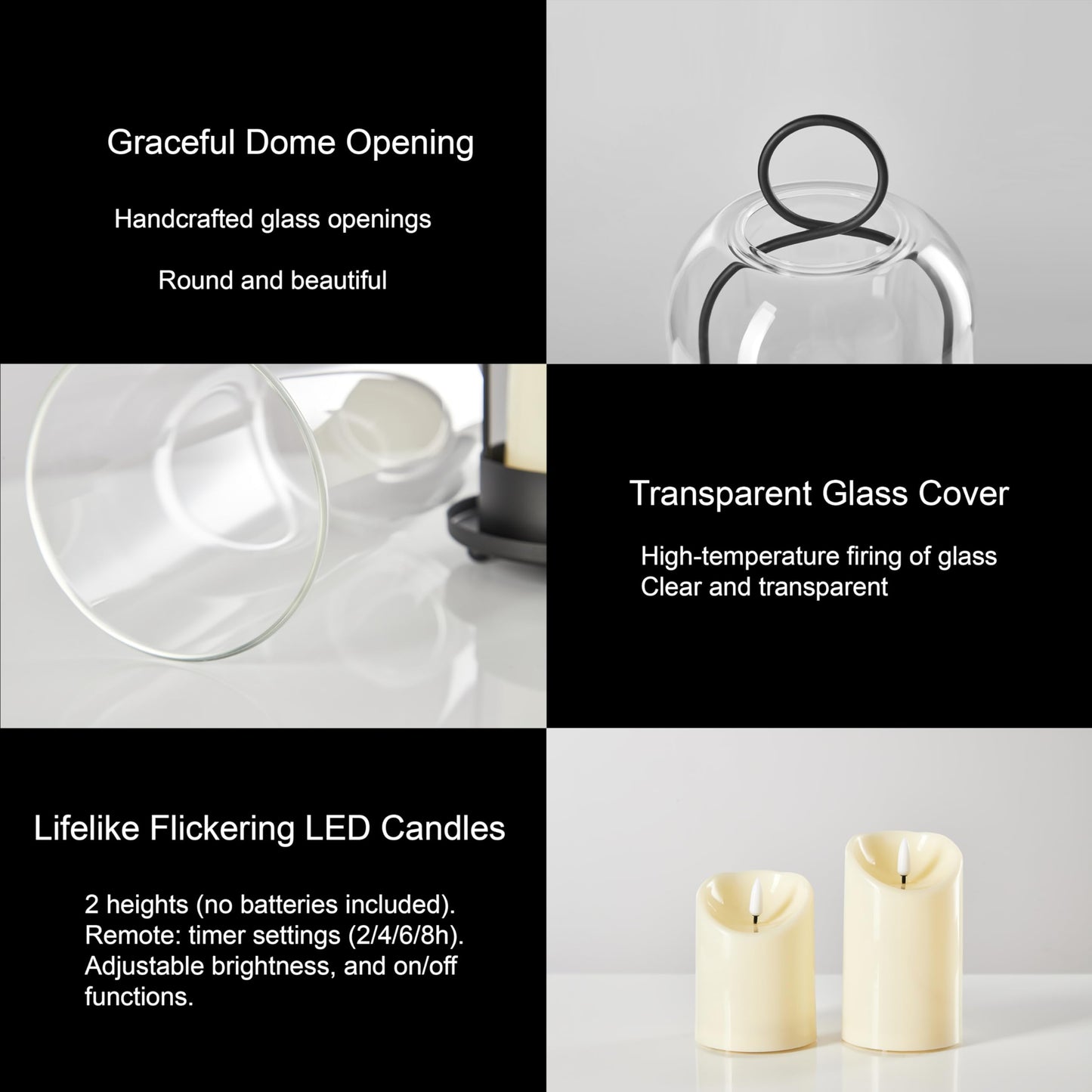 Ganwu 5"&4" Metal Candle Holder with Handmade Glass Dome in Brass & 2 Timer Candles, Set of 2 Versatile Hurricane Glass Candle Holders for Pillar Candles & Plants