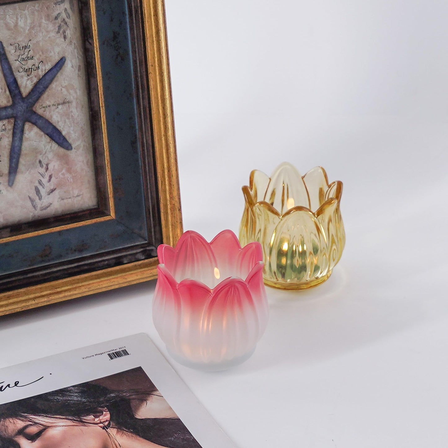 TOCCOOL 4 Pack Tulip Flower Shaped Glass Candle Holders for Votive & Tealight Candles, Wedding Table Centerpiece Decor & Home Decor (Amber, Pink-White Gradient)