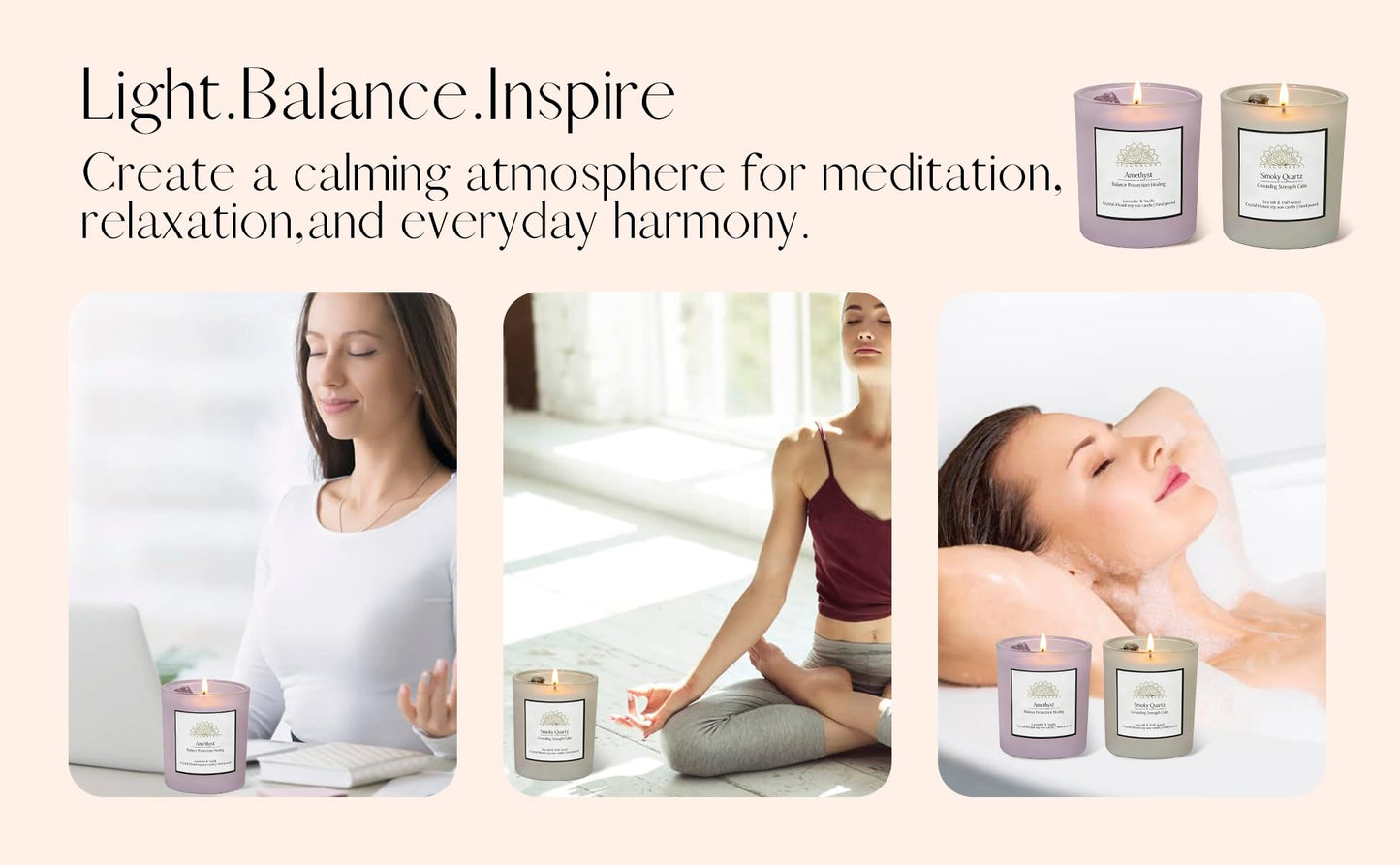 AvaConcept Healing Crystal Candle Gift Set – Amethyst & Smoky Quartz | Hand-Poured Soy Wax Candles Lavender Vanilla & Sea Salt Driftwood Aromatherapy Natural Crystals Infused Set of 2/5.3oz Each