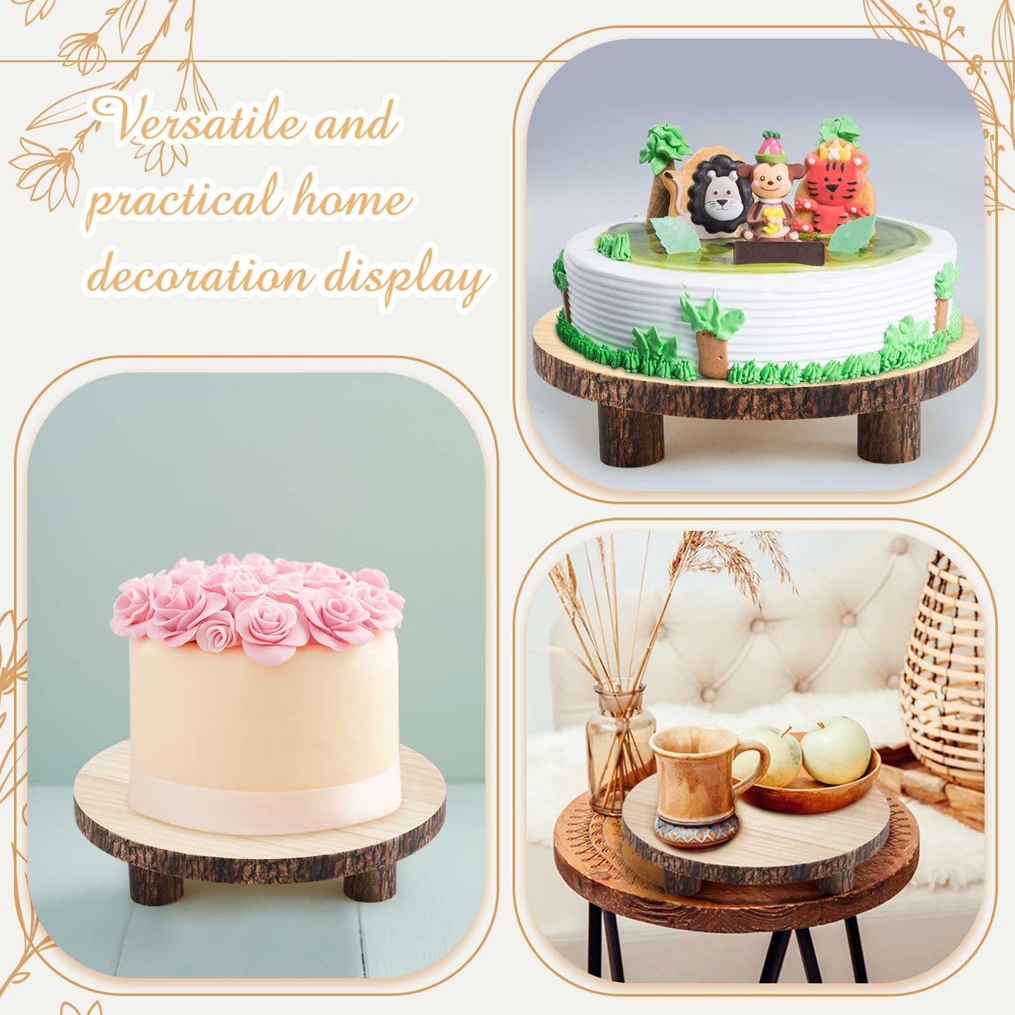 Roowest 2 Sets Wood Cake Stand, 9'' and 10'' Rustic Wooden Slice Boards Round Cake Holder for Party Wedding Birthday Event Farmhouse Dining Room Table Decor Centerpieces Home Decorations