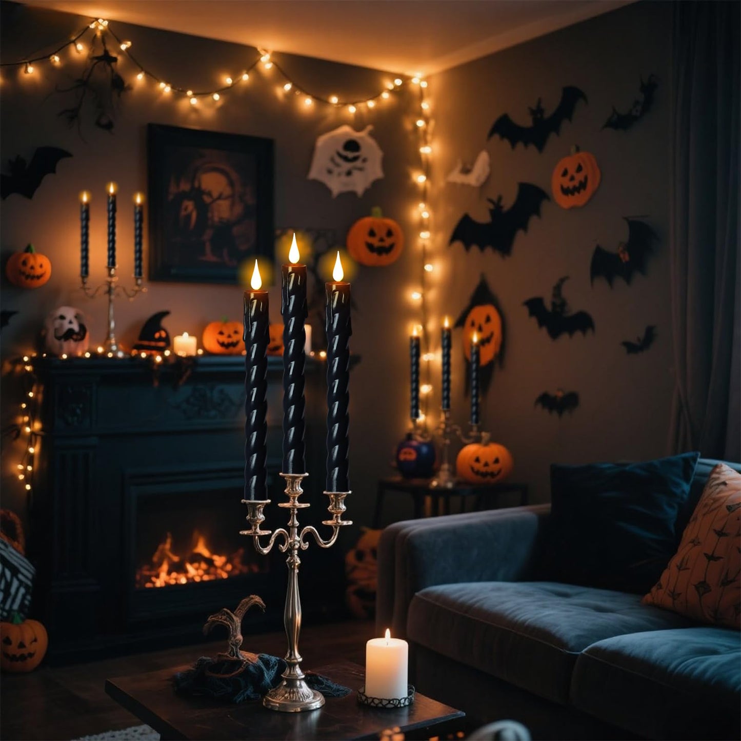 DRomance Flickering Flameless Taper Candles with Remote and Timer, 2 Pack Battery Operated LED Taper Candles 3D Wick Plastic Dripping Effect Dinner Halloween Indoor Decor(Black, 0.78" D x 9.65" H)