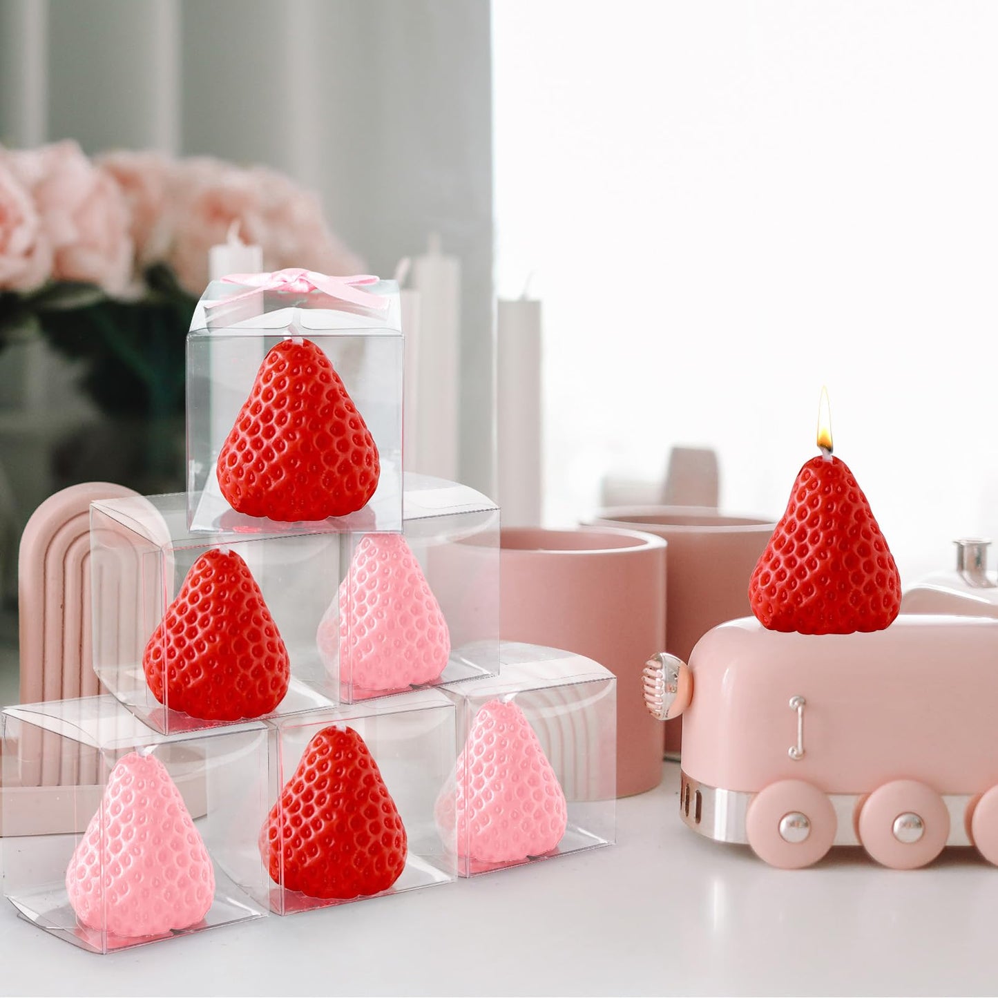 FYSUIMU 30 Packs Strawberry Candles Baby Shower Favors Strawberry Shaped Scented Candles Red Pink Sweet Fruit Wax Candle with Boxes for Birthday Holiday Summer Gender Reveal Party Bath Yoga Spa Decor