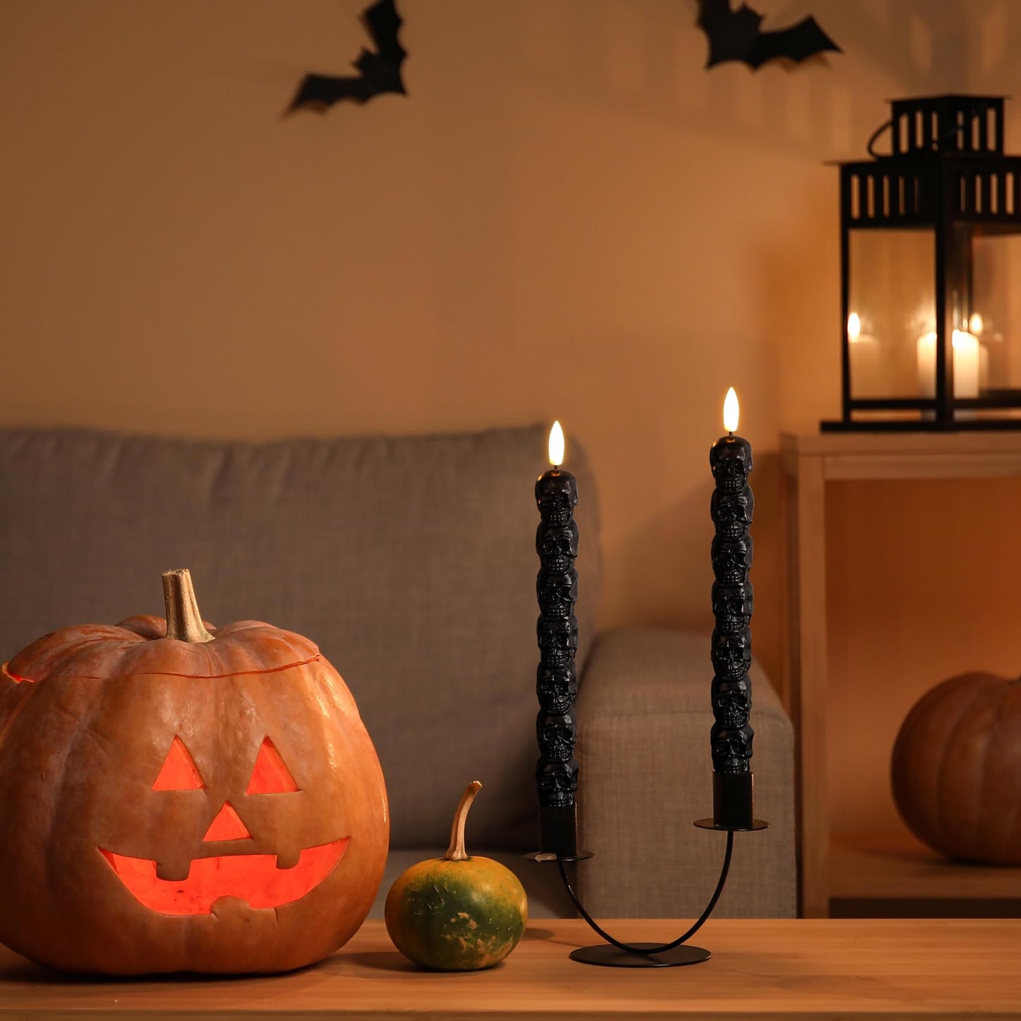 Girimax Black Skull Halloween Flameless Taper Candles with Remote, Flickering Spooky LED Wax Candlesticks Battery Operated, Set of 4