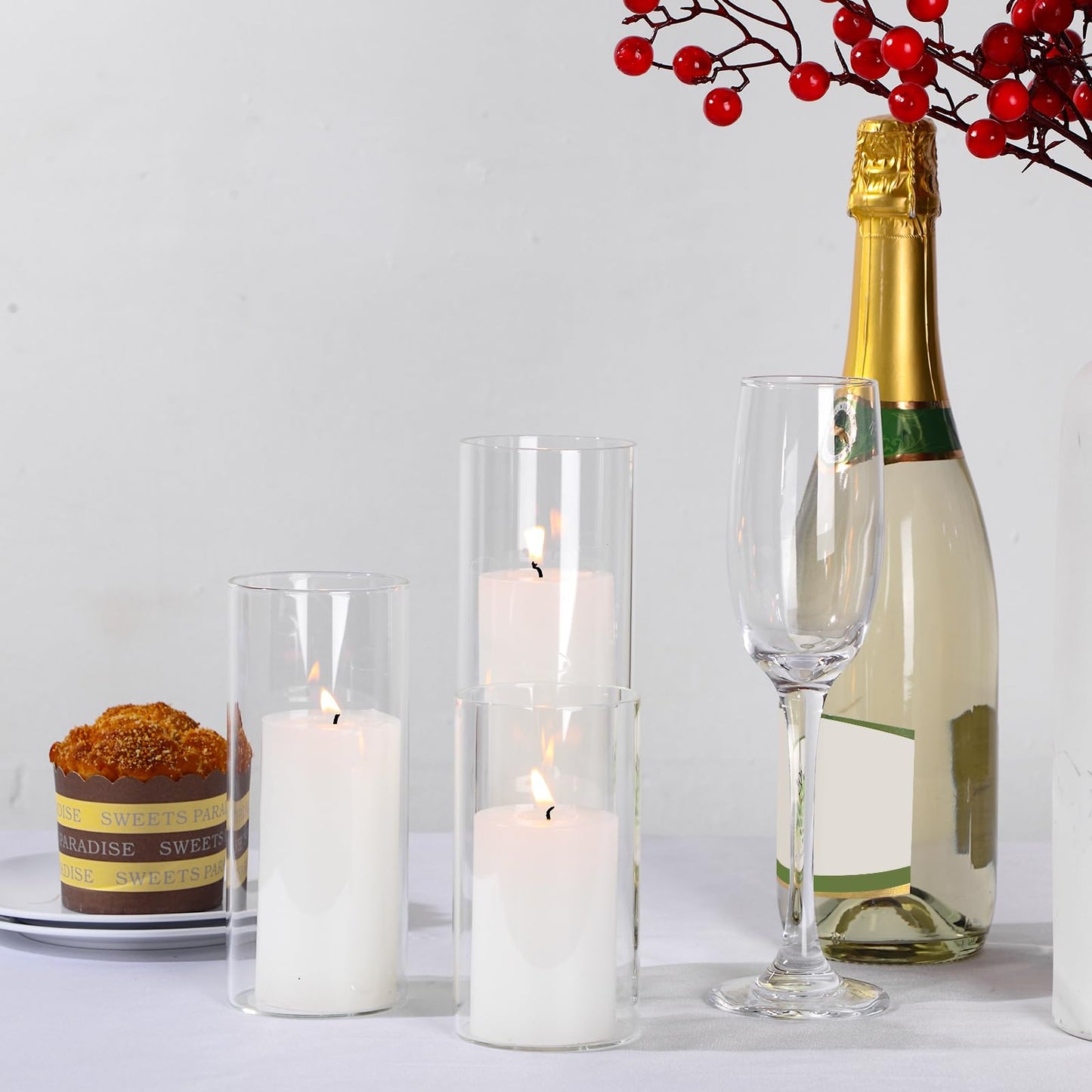 Shihanee Set of 36 Pillar Candles and Glass Cylinder Vases Clear Cylinder Holders for Slim Pillar Candles Wedding Centerpieces(2.6'' X 4.7'', 5.9'', 7.9'',White)