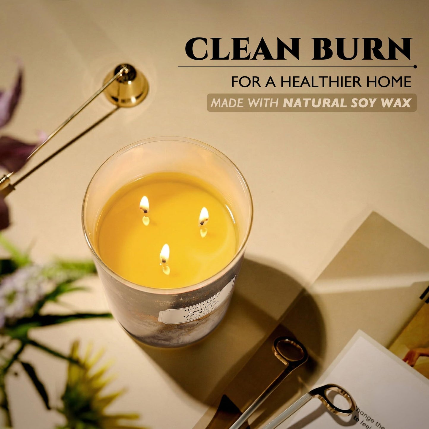 HomeLights Large jar Candle | 3-Wick Long-Lasting Scented Candles, 34oz Natural Soy Wax Candle for Home Scented, Industrial Chic Gifts for Women & Men, Smoke Vanilla