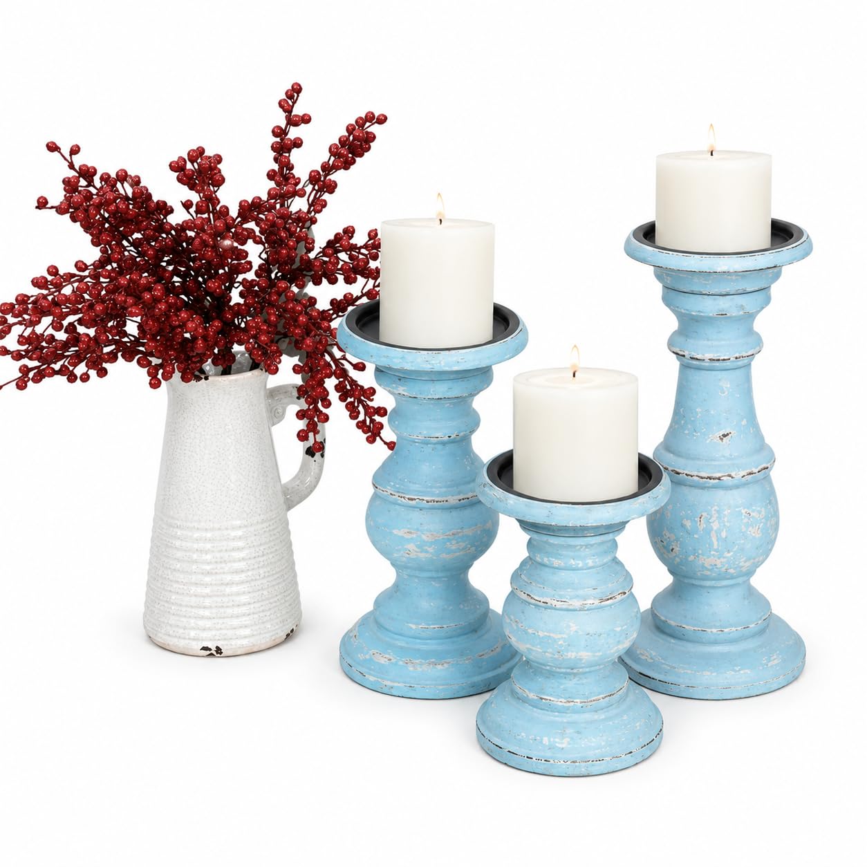 Decorative Light Blue Wood Turned Style Pillar Candle Holder with Distressed Finish, Set of 3 6", 8", 10" H, Light Blue