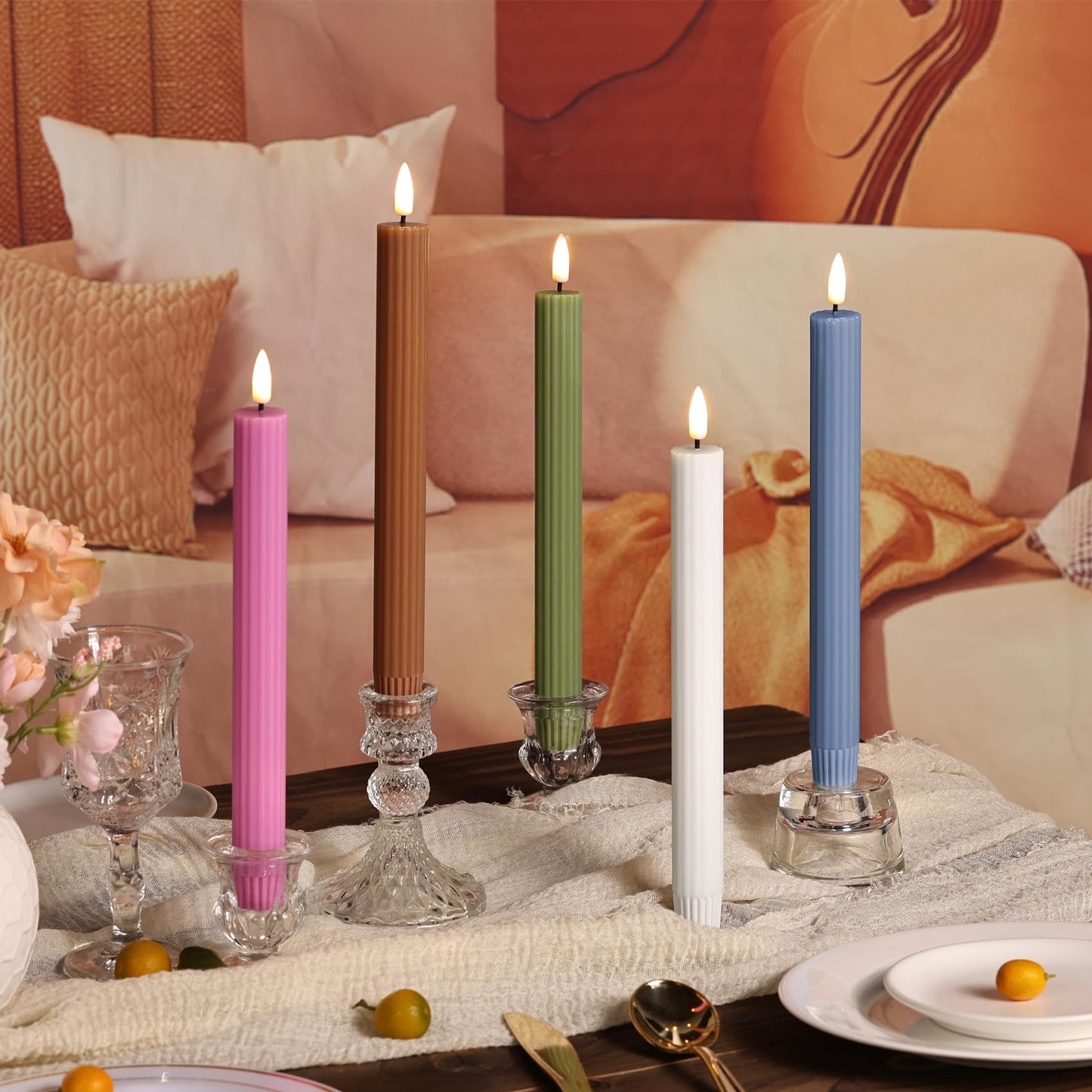 Girimax Hot Pink Ribbed Fluted Flameless Taper Candles with Remote, Flickering Battery LED Wax Candlesticks Wedding Home Decor Set of 4