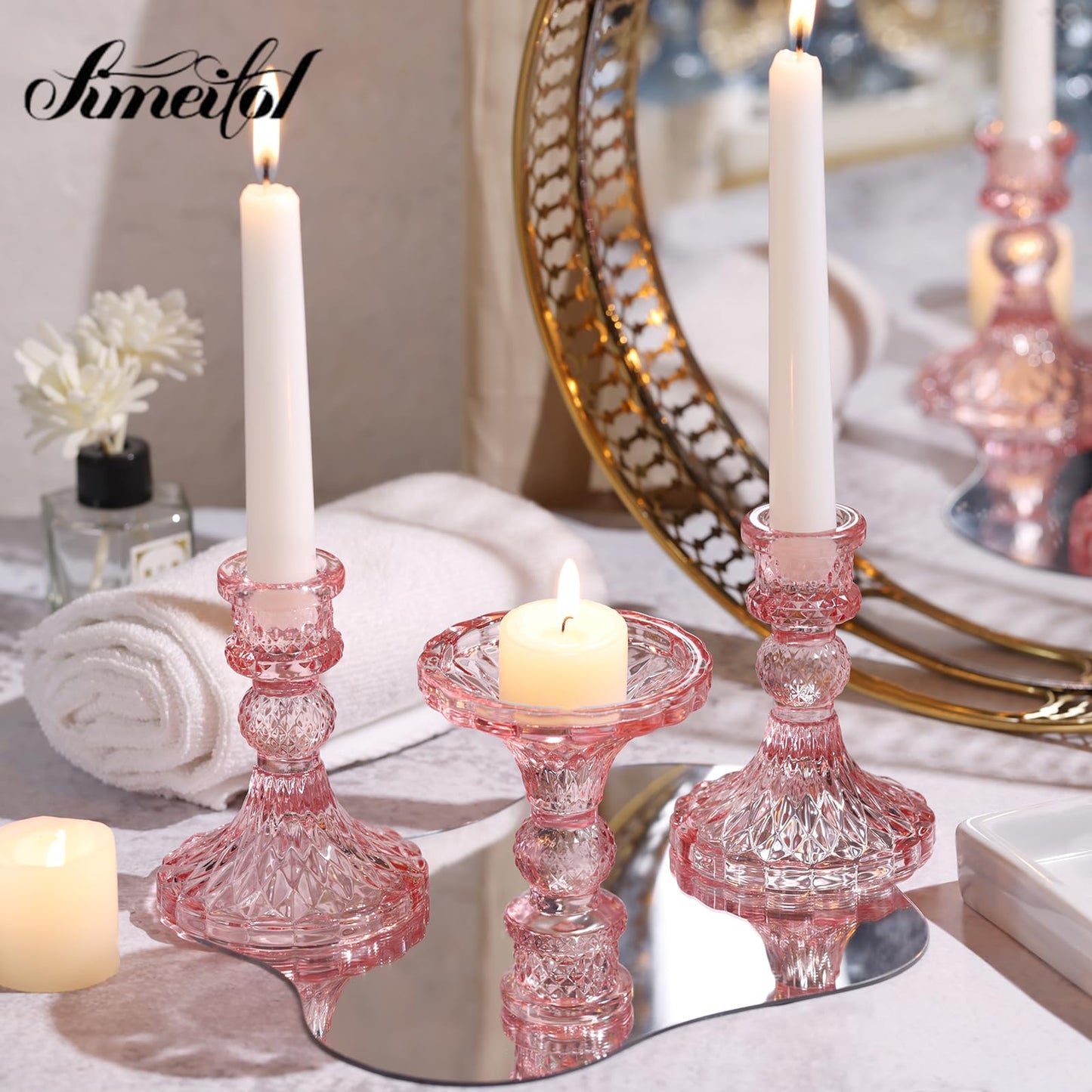 Simeitol Glass Candle Holder Set of 12, Pink Taper Candle Holders Bulk, Vintage Candlestick Holders, Candle Stick Holder for Table Centerpieces, Wedding & Mother's Day