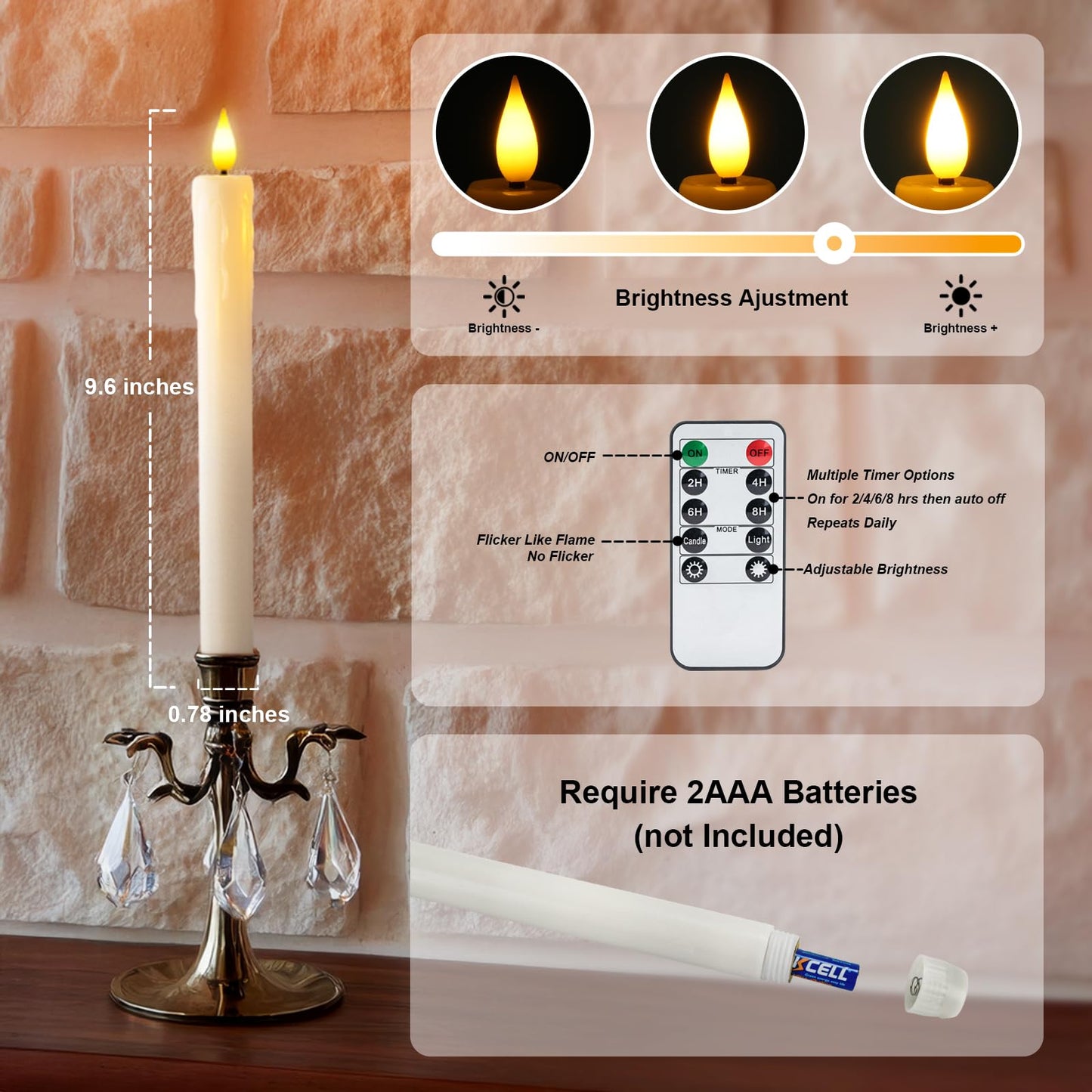 Homemory 12 Pcs Real Wax Flameless Taper Candles with Remote Timer and Dimmer, Battery Operated Candlesticks with Flickering Light, White Window Candles, 9.6 Inches for for Wedding Home Decor