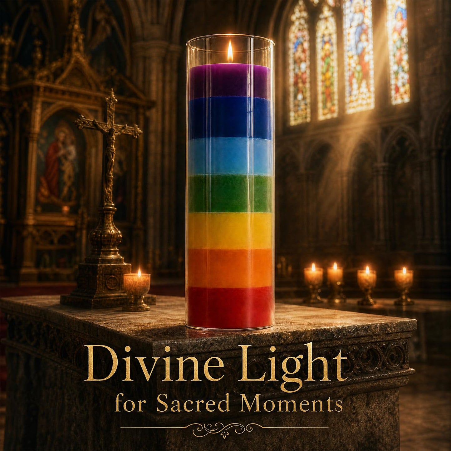 1 Piece Unscented 7 Color Glass Prayer Devotional Candle, Hand Poured Wax Candles - 2.24 Inch x 7 Inch, Great for Sanctuary, Vigils, Casting Chimes, Rituals, Spells, Wiccan & More