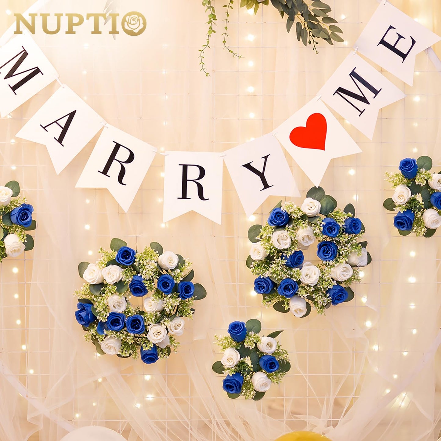 NUPTIO Flower Candle Rings for Centerpieces: 13.4 Inch Rose Wreath for Wedding Party Christmas - Royal Blue & White Wreaths for Spring Summer Front Door Porch Table Decor 6 Pcs
