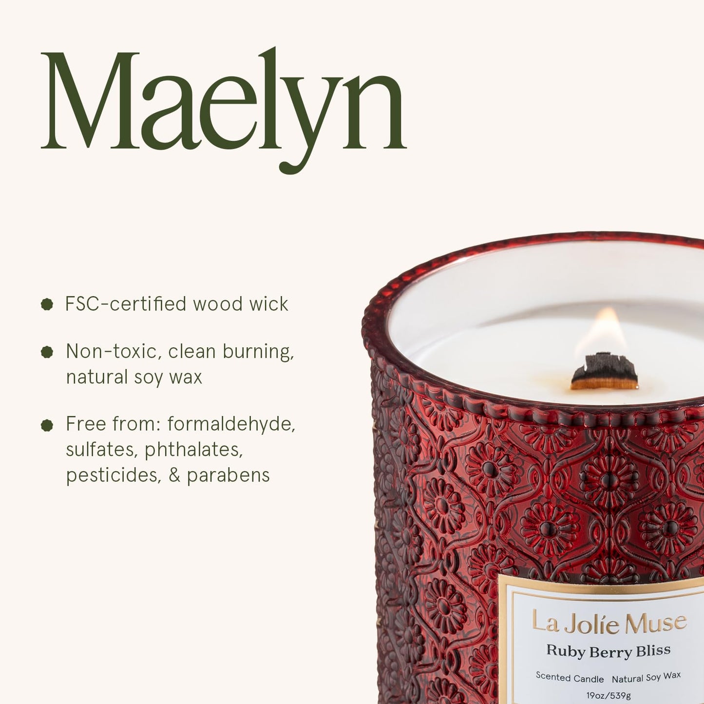 LA JOLIE MUSE Ruby Berry Bliss Scented Candle for Home | Christmas Winter Holiday | 19 oz Non Toxic Natural Soy | Large Red Jar Candle | Luxury Gifts for Women & Men | Wood Wick