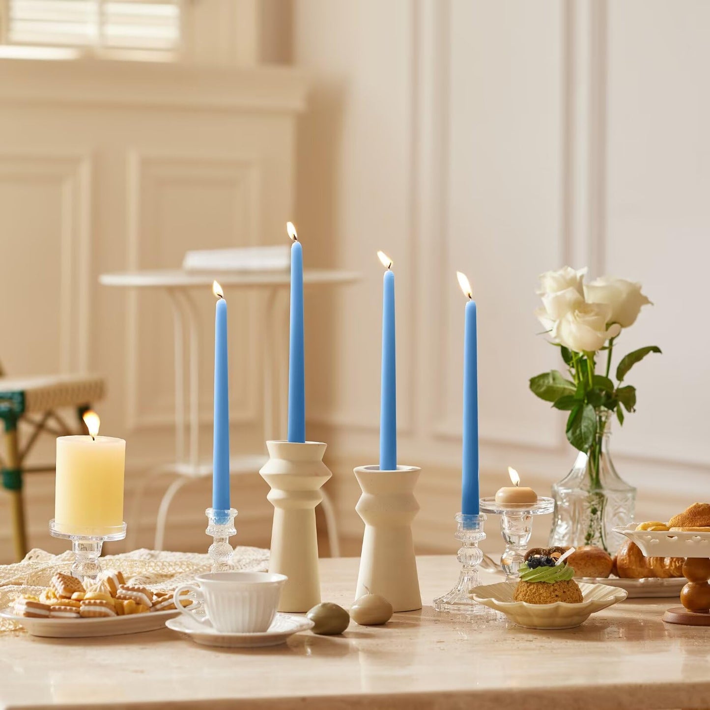 Pickood 12-Inch Tall Dripless Taper Candles Set of 4 - Baby Blue Tapered Candles, Perfect for Spring - Smokeless, Unscented, Long Burning - Hand Poured, Colored Tall Candlesticks - Light Blue