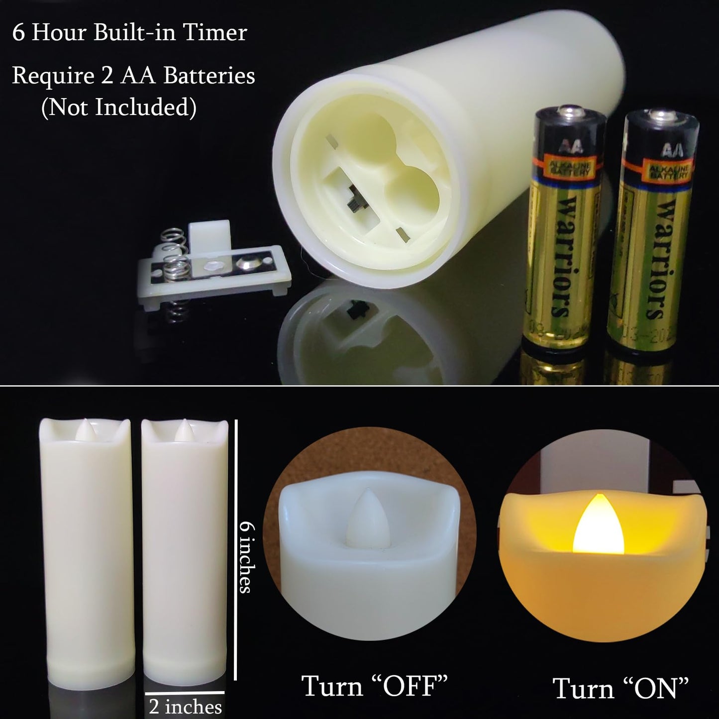LED Battery Operated Candles 2"x6" Plastic Flickering Flameless Candles with Timer Outdoor Waterproof Wedding Party Halloween Christmas Birthday Decoration Gifts Realistic Slim Tall Pillar Candles
