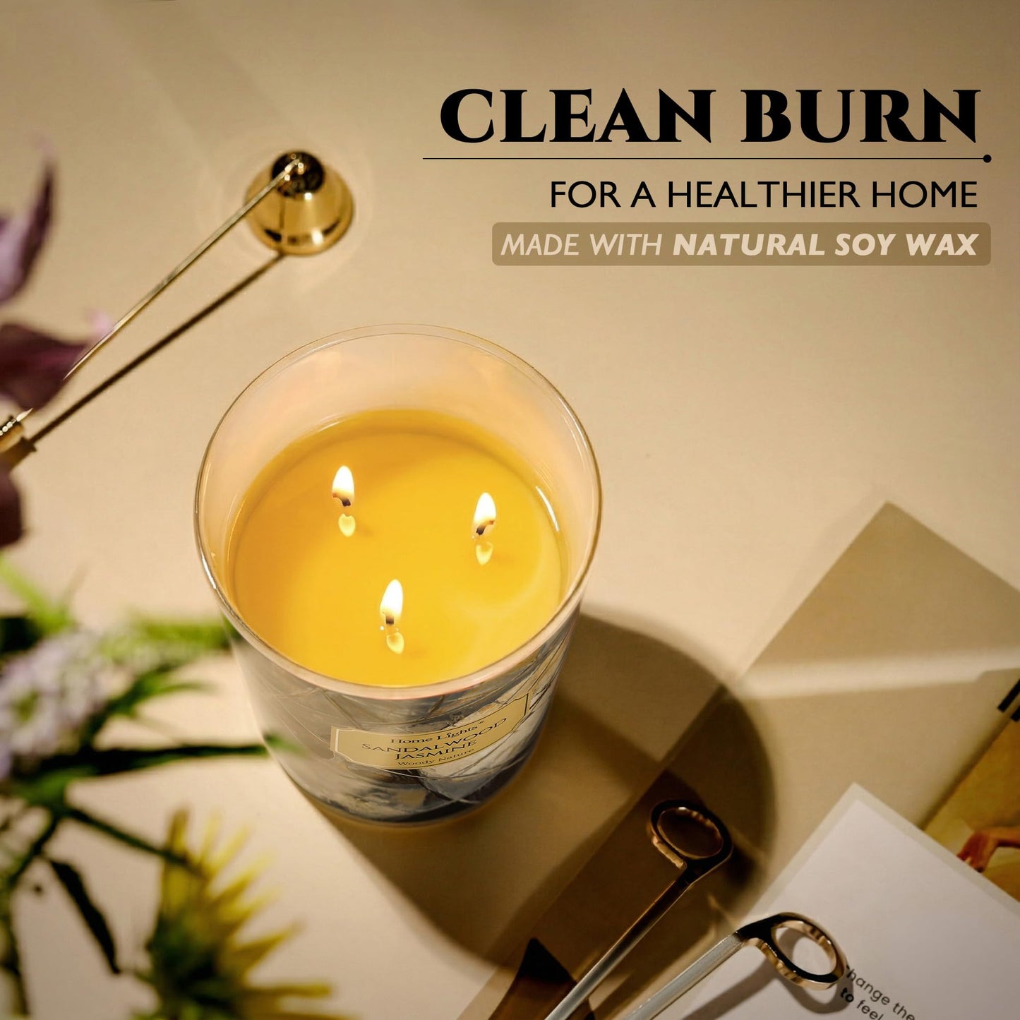 HomeLights Soy Wax Candles for Home Scented, 3-Wick Candles in Sandalwood Jasmine Scented, Industrial Chic Aromatherapy Candles Gift for Parties, Relaxing, 34oz