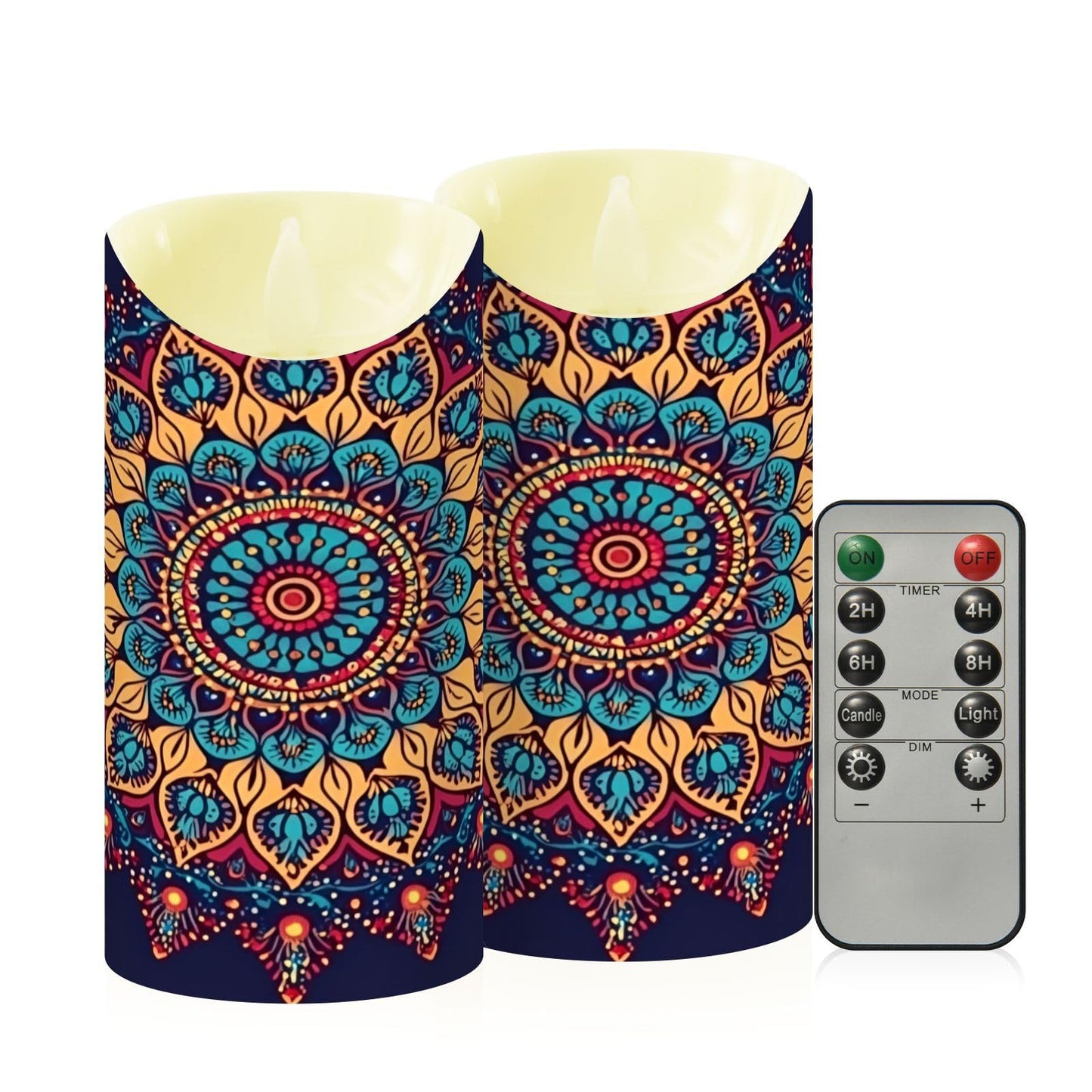 Gravopti Mandala Pattern 2 Pack Flameless LED Pillar Candles with Remote & Timer, Battery Operated, Flickering Wax Candle for Wedding, Romantic Home & Party Decor