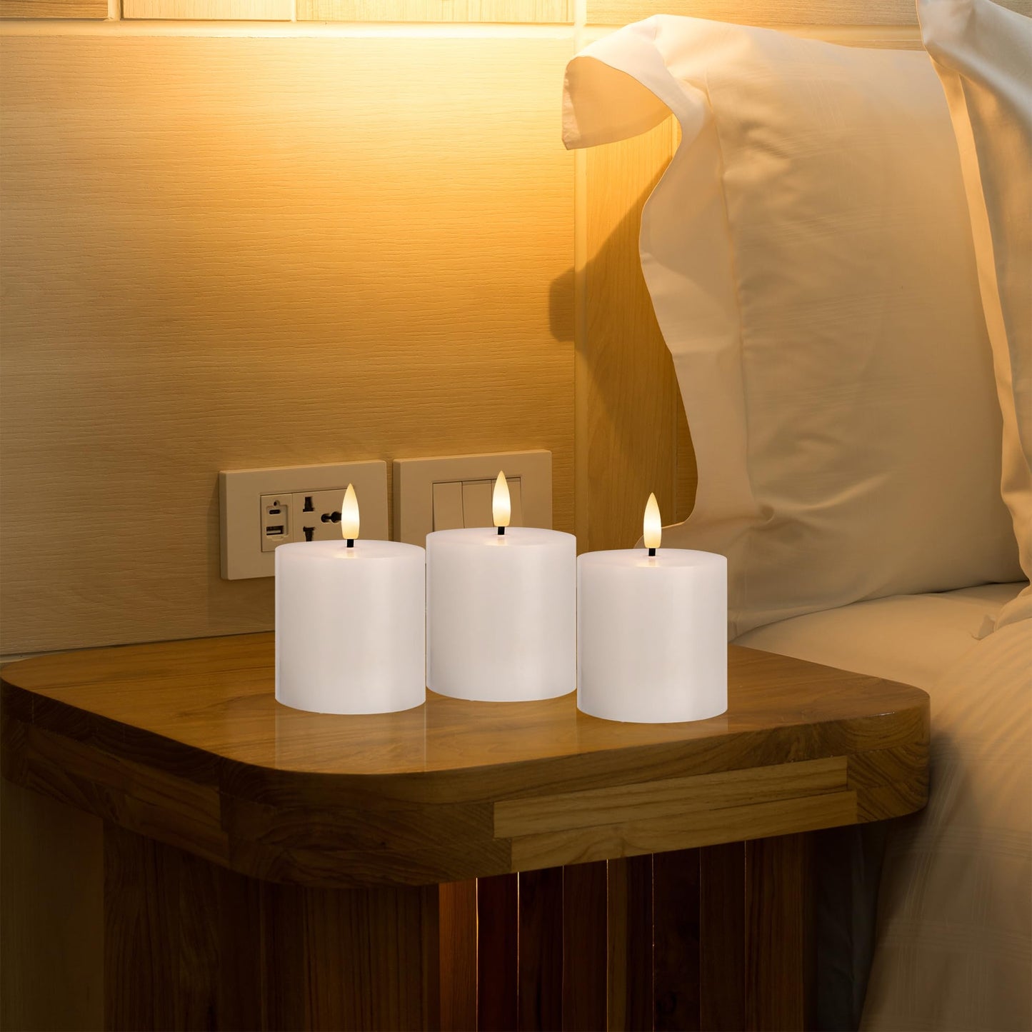 SEHNSY White Flameless Candles Set of 3 (3"x3") Battery Operated LED Pillar Candles with Remote and Timer, Real Wax Flickering Candles for Fireplace Bedroom Living Room Home Decor and Indoor Use
