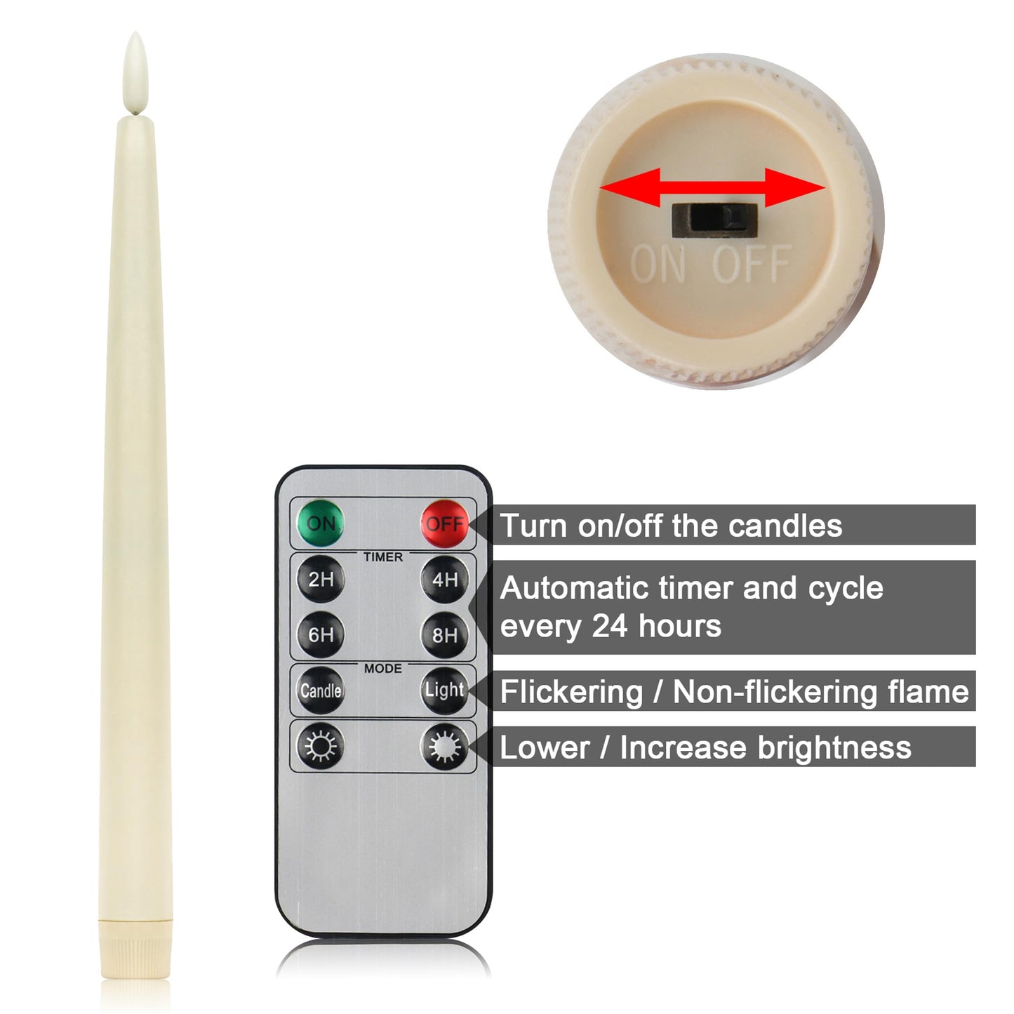 CVHOMEDECO. Flameless Taper Candles with 10-Key Remote, Battery Operated Led Flickering 3D Wick Window Candles Real Wax Finished Home Christmas Party Decor 0.78 x 11 Inch, Pack of 2 (Ivory)