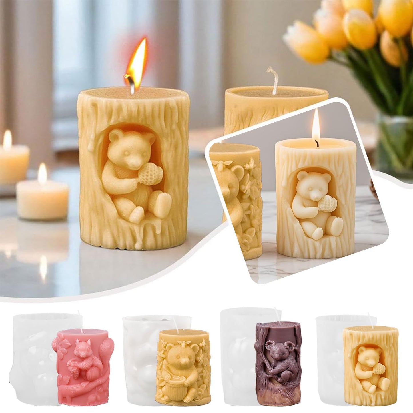 4 Pack 3D Animal Silicone Candle Molds, DIY Bear Koala Squirrel Pillar Candle Molds, Epoxy Resin Casting Molds for DIY Resin Craft, Candle & Soap Making, Perfect for Home Decor