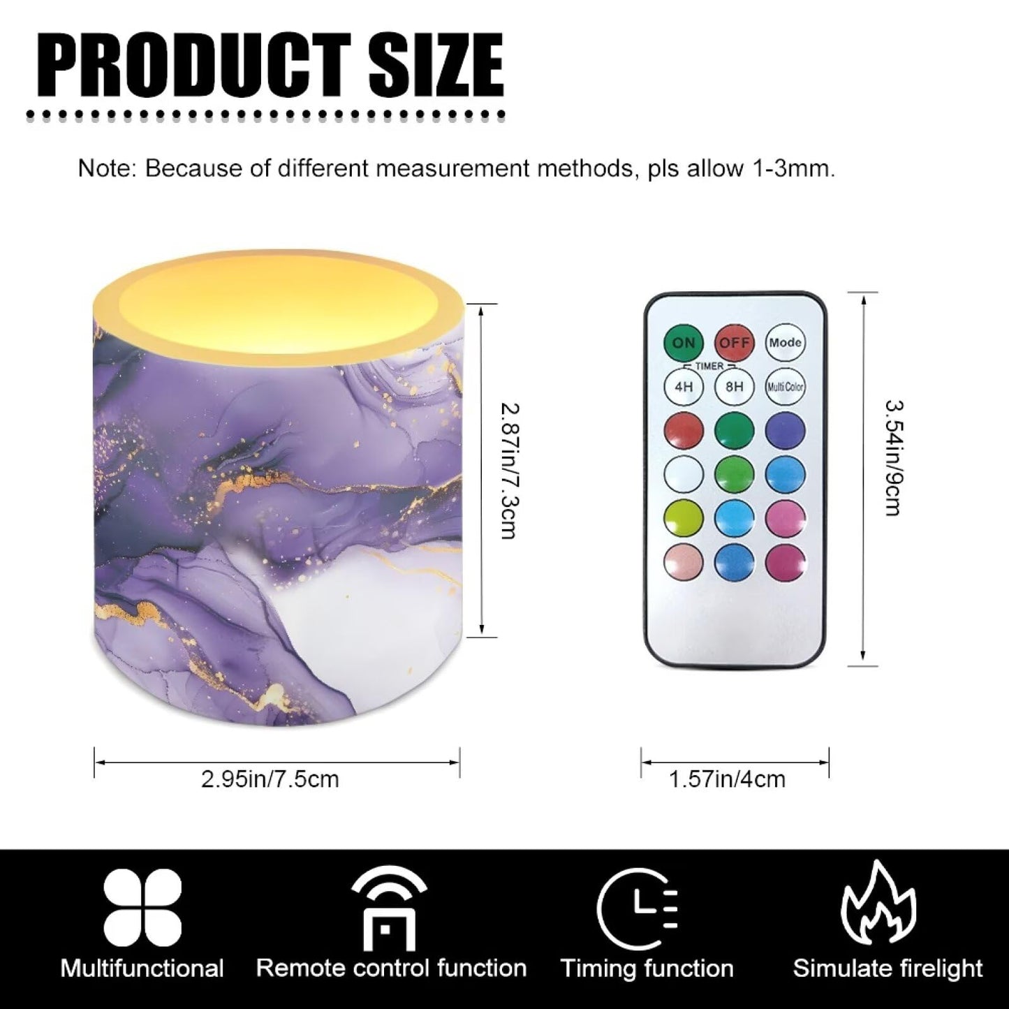 NETILGEN Purple Marble Print 3 inch Flickering Color Changing LED Candles Set of 4 Flameless Eletric Pillar Candles with Remote Timer Control Home Party Decor
