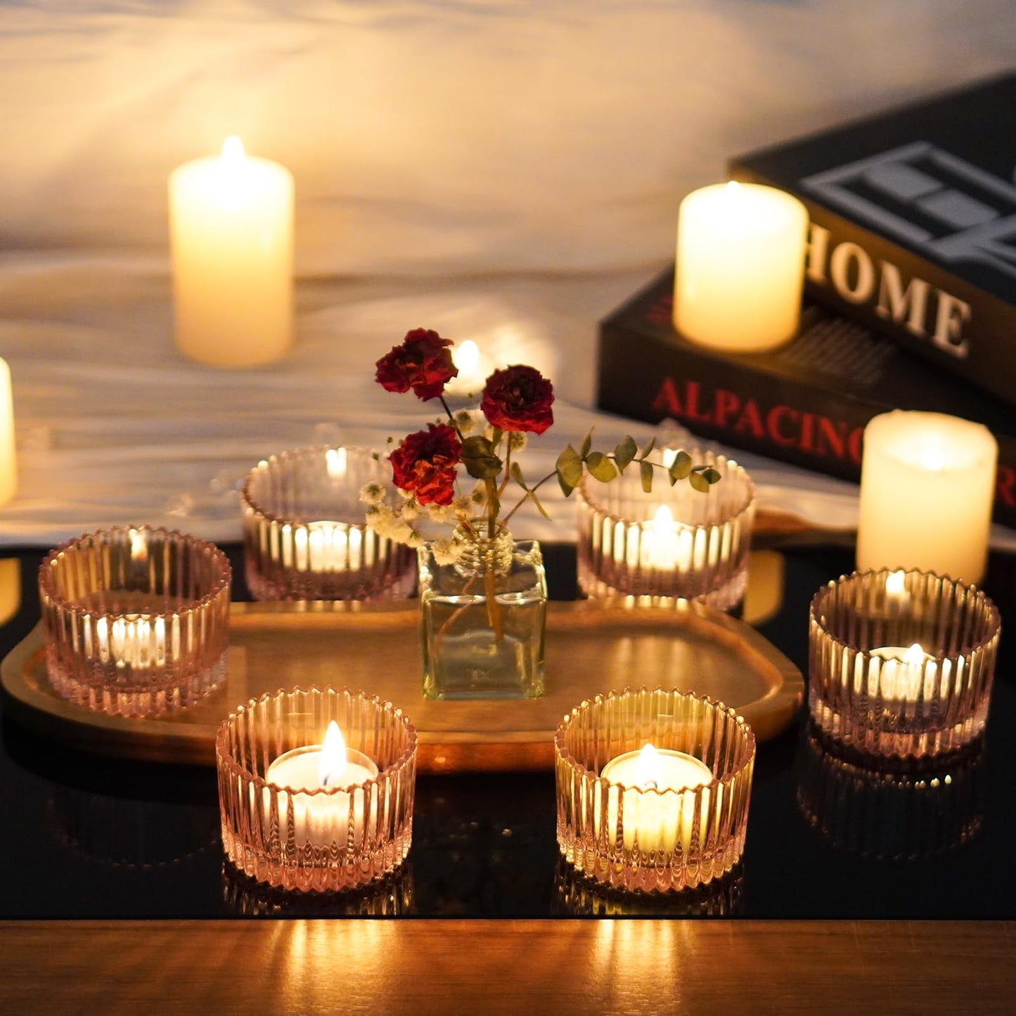 Jollyhilan 6 Pack Glass Candle Holder,Round Glass Candle Tray Ribbed Tealight Holders for Votives, Floating Candles Table Centerpieces Wedding Home Decor,Pink