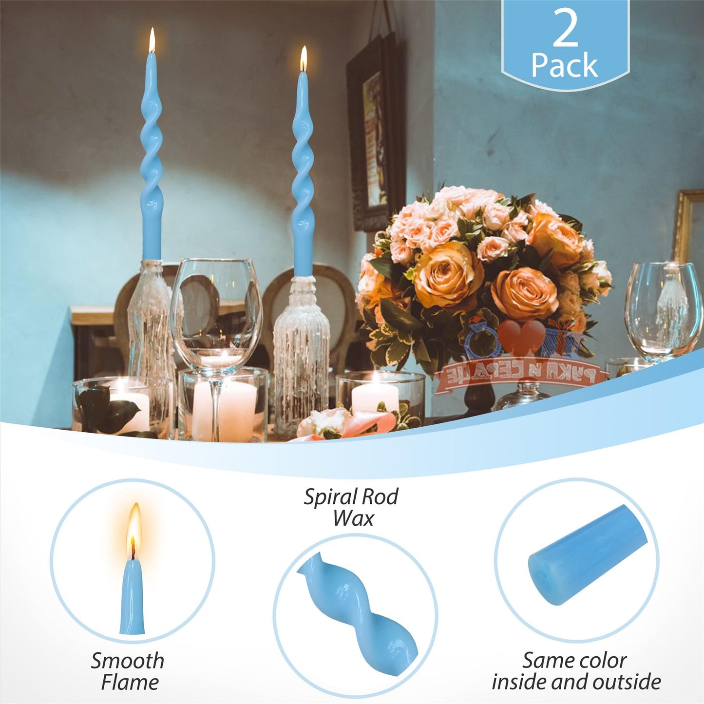 Gedengni Blue Candlesticks Spiral Taper Candle - Set of 2 Cute Candle Sticks 10 Inch Long Tapered Candles Twisted Candlestick for Anthropologie Home Dinner Decor Wedding (1D-Blue)