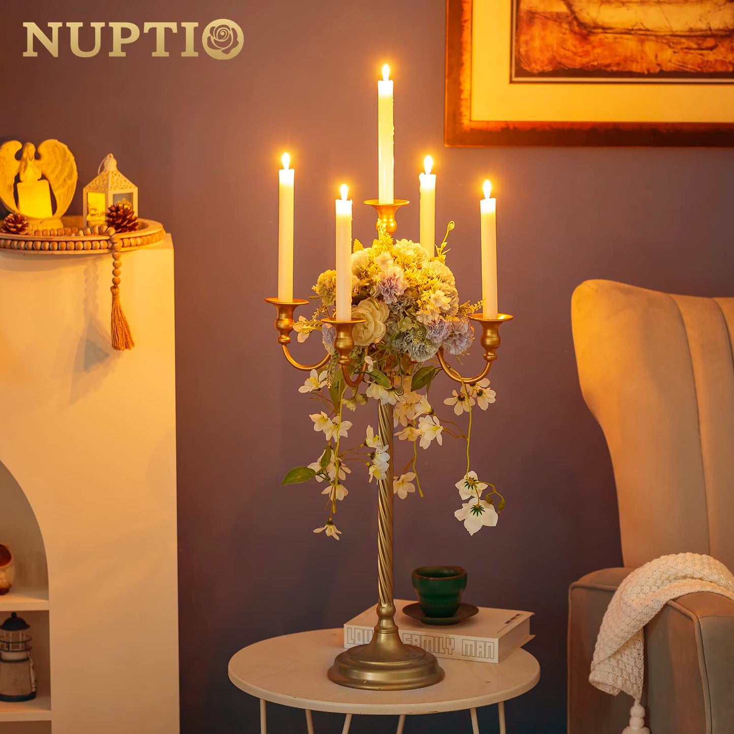 Nuptio Tall Candelabra Candle Holder 2 Pcs 28in Floor Candlestick Holders Taper Candle Holders Gold 5 Arm Candelabras Candle Stand Floral Centerpiece for Fireplace Wedding Birthday Reception Event