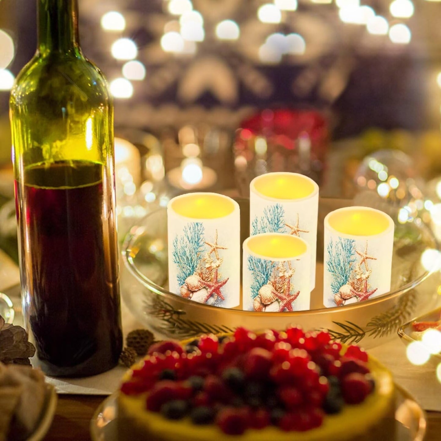 NETILGEN Flameless Candles with Remote Timer Starfish Seashell Blue Coral Print Battery Operated LED Flickering Pillar Candles for Home Party Decor