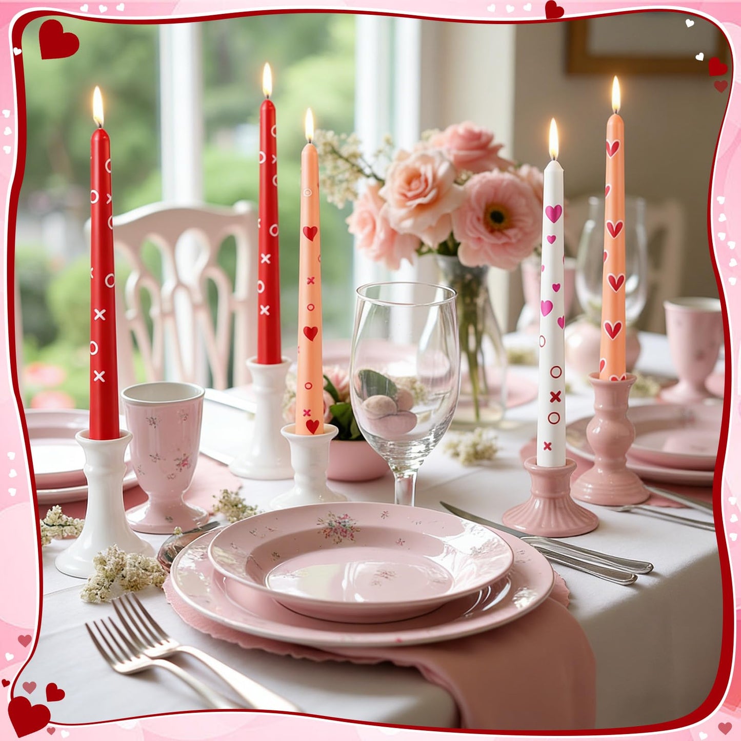 Nuanchu 12 Pcs Valentines Heart Taper Candles Valentine's Day Pink Red Heart Decorative Candles Scented Long Unscented Candlesticks for Wedding Anniversary Birthday Party Holiday Table Decor