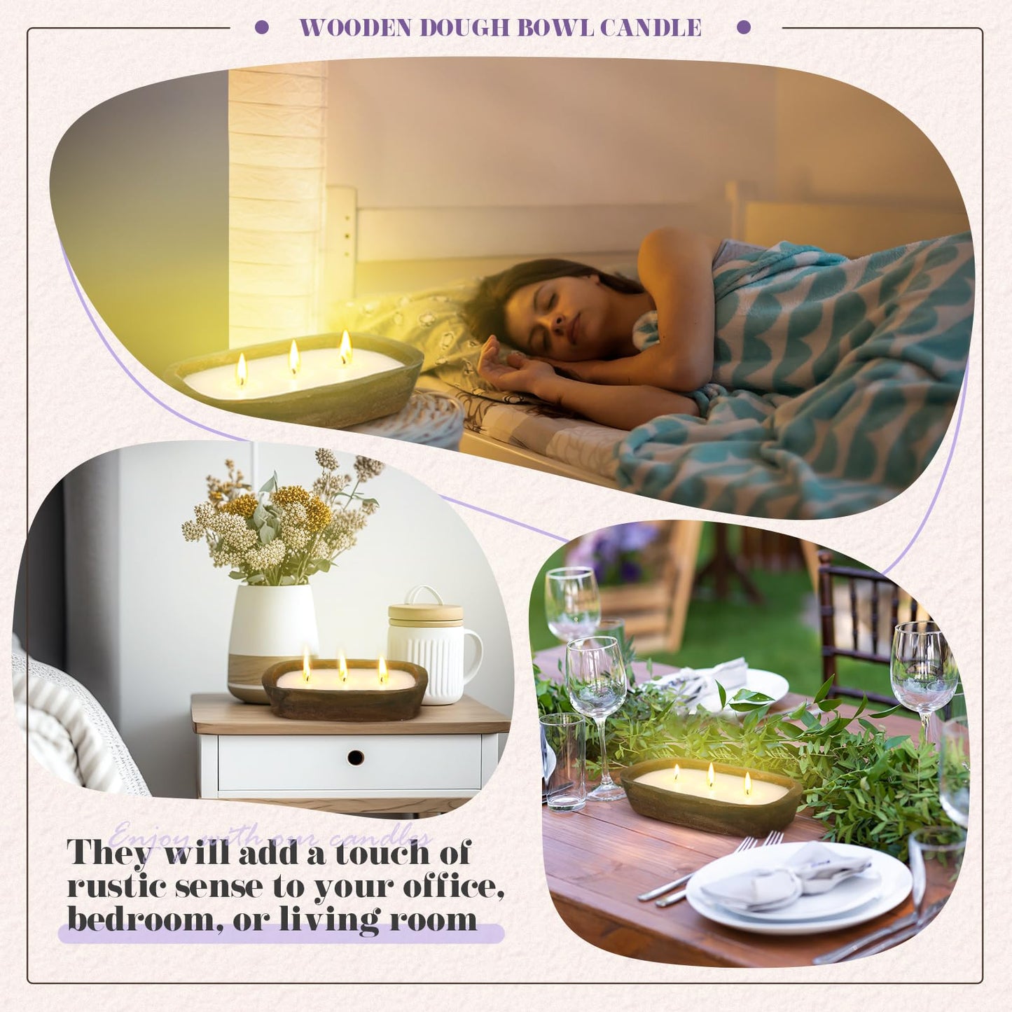 Threlaco 2 Pack Wood Dough Bowl Candle Jar Candle Decorative with Wick Scented Candles Soy Gifts for Men Women Farmhouse Table Centerpiece Home(Lavender)