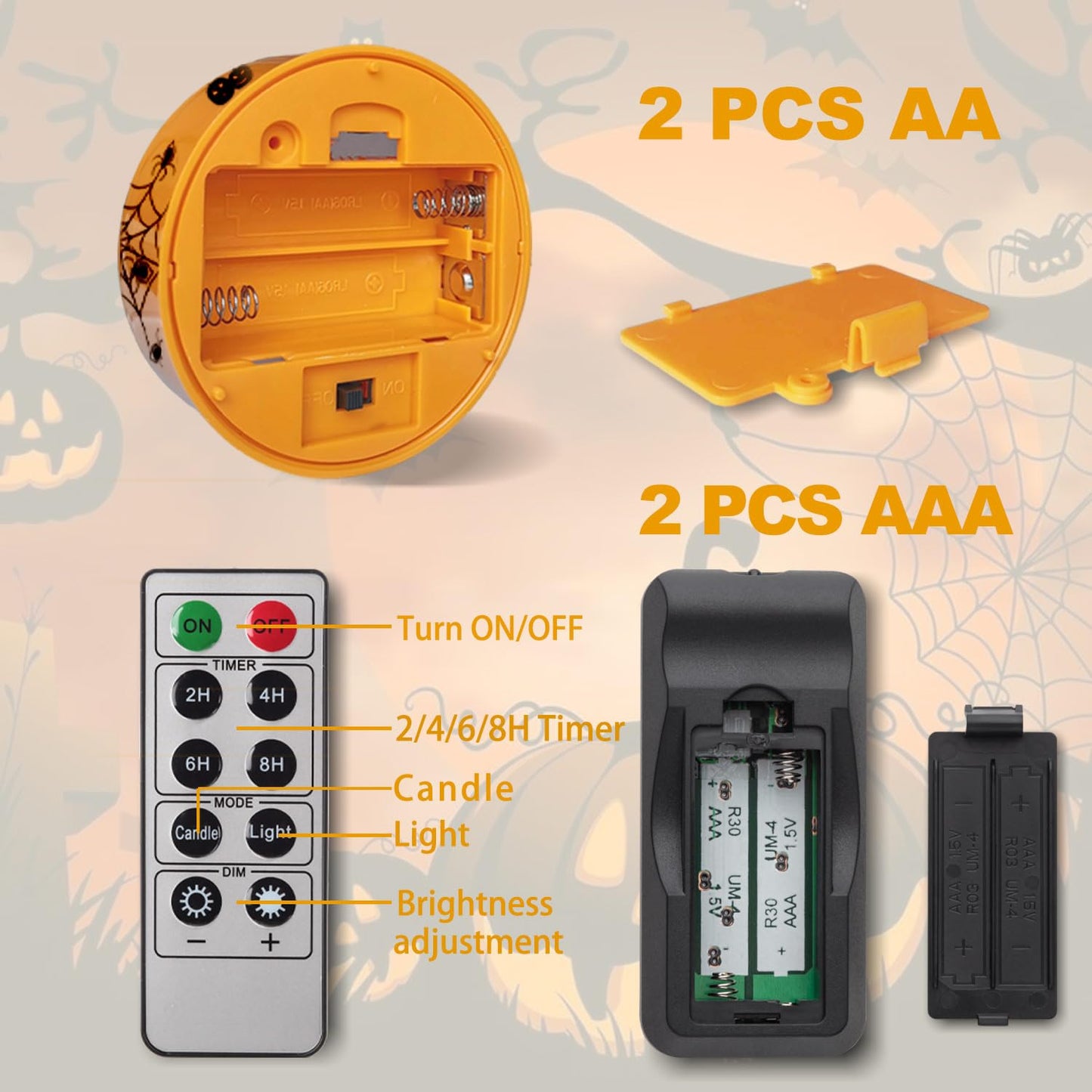 CANDLE IDEA 2 PCS Halloween LED Pumpkin Lights with Timer and Remote, Battery Operated Jack-O-Lantern Orange Light for Halloween Decor, Flameless Candles for Pumpkin Decoration