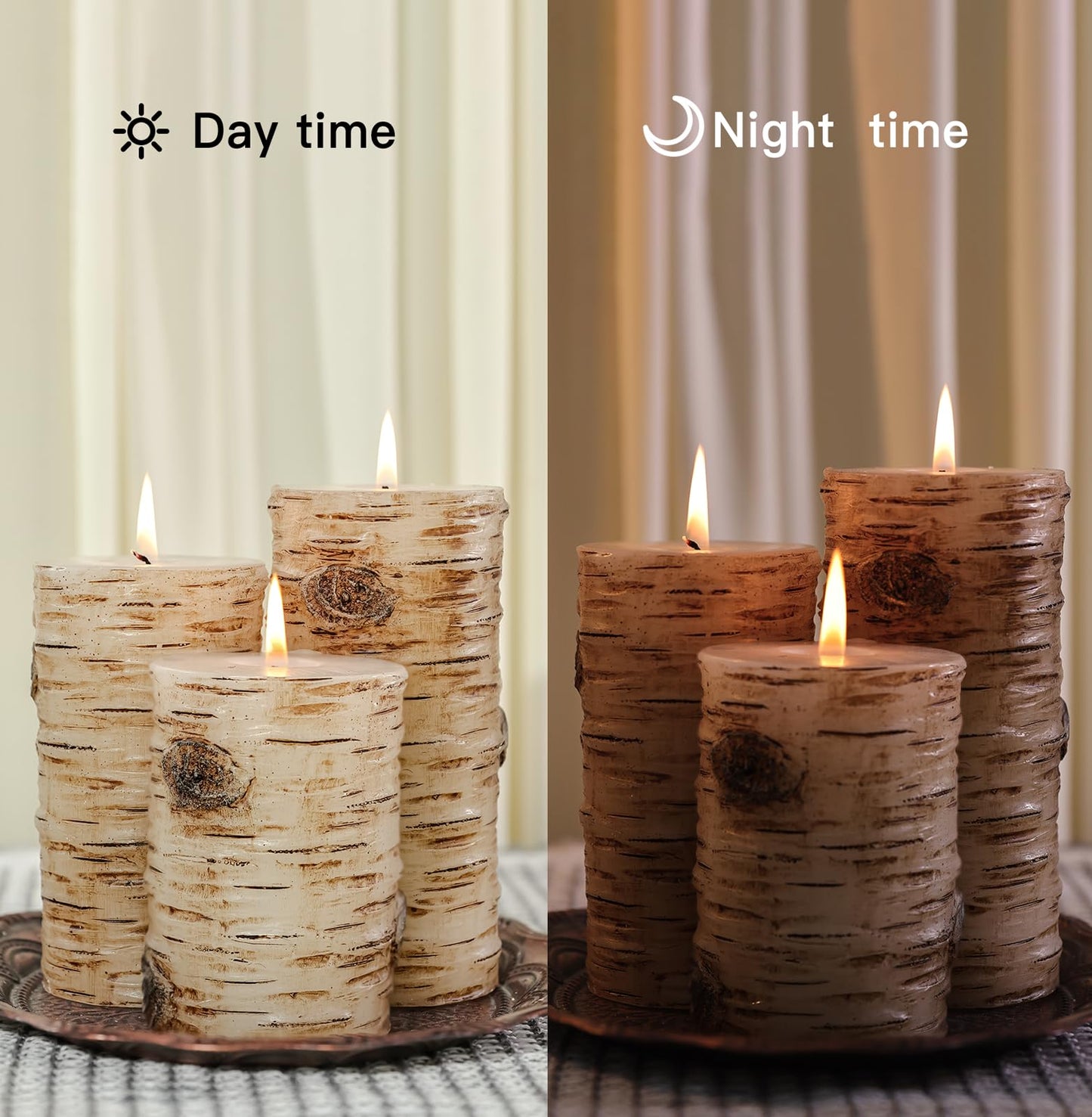 Black Birch Bark Texture Pillar Candles Set - Real Wax 3 Sizes (4", 5", 6" Tall) Rustic Decor Fireplace Candles, Unscented Woodland Style Pillar Candle for Home, Dining Table, Holiday Decor