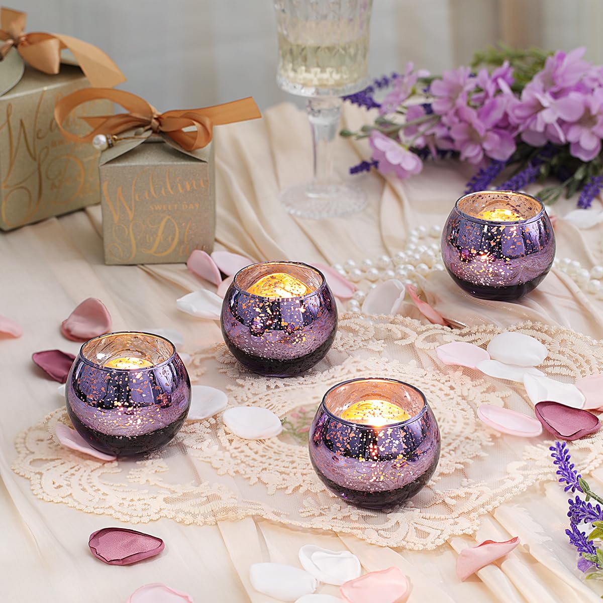 LETINE Purple Mercury Glass Votive Candle Holders - Set of 36 | Elegant Gold Tealight Candle Holders for Table Centerpieces, Spring Summer Weddings, Rehearsal Dinners, Valentine's Day Decorations