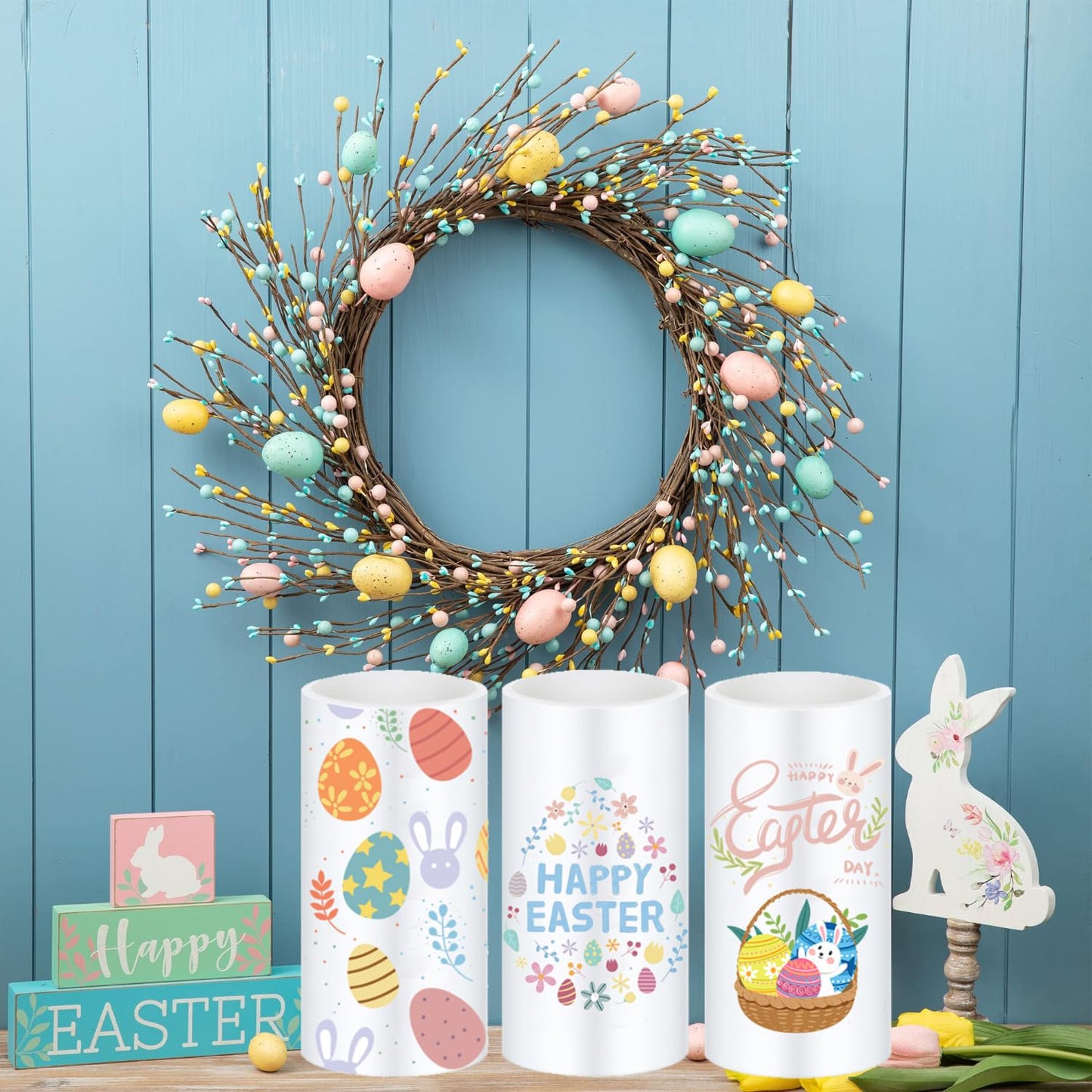 ONEIHOMM 3 Pcs Easter Flameless Candles,Battery Operated Candle, Rabbit Egg Design with Timer Remote, Happy Easter Day Gift for Bedroom Living Room Decor Farmhouse