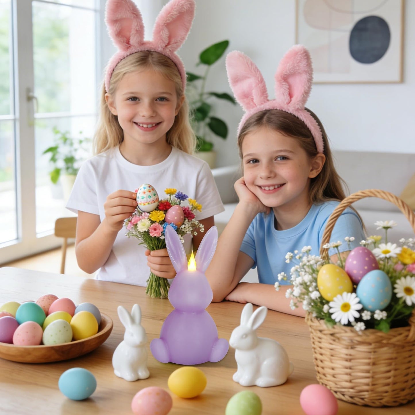 Leorate 6PCS Easter Bunny Flameless Candles – 7.5" Battery Operated LED Rabbit Candles with Flickering Flame, Green Purple Pink Real Wax Finish for Easter Decor, Table Centerpiece & Spring Home