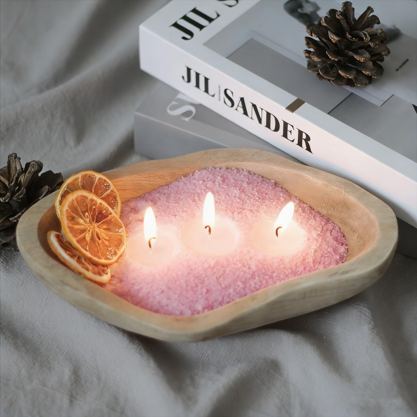 GrusoSP Reusable Wooden Dough Bowl Candle with 18 Oz Pearled Candle Sand and 30 Wicks Unscented Palm Sand Wax Refillable Powder Candles DIY Wax Making Kit (Pink)