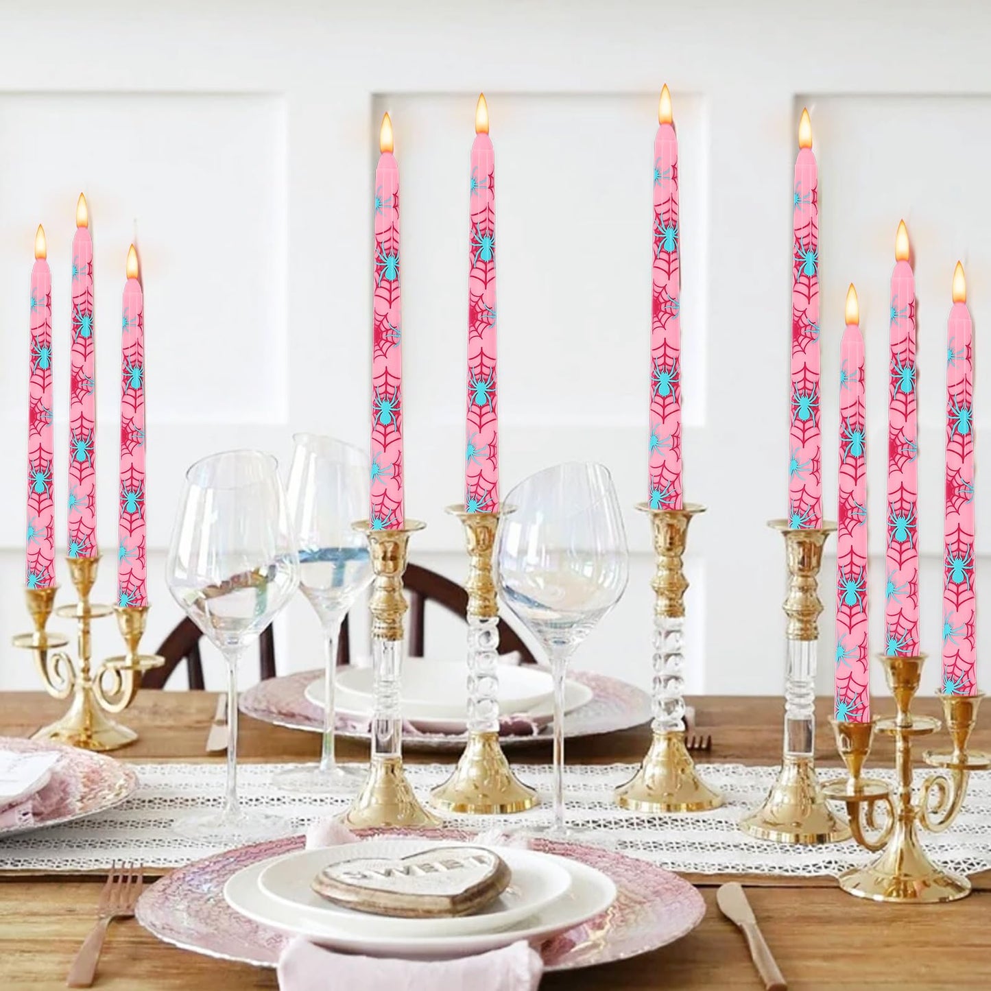 JarThenaAMCS 6Pcs Pink Spider Taper Candles 10 Inch Spider Web Birthday Decorative Candles Long Unscented Candle Sticks for Birthday Halloween Party Decor