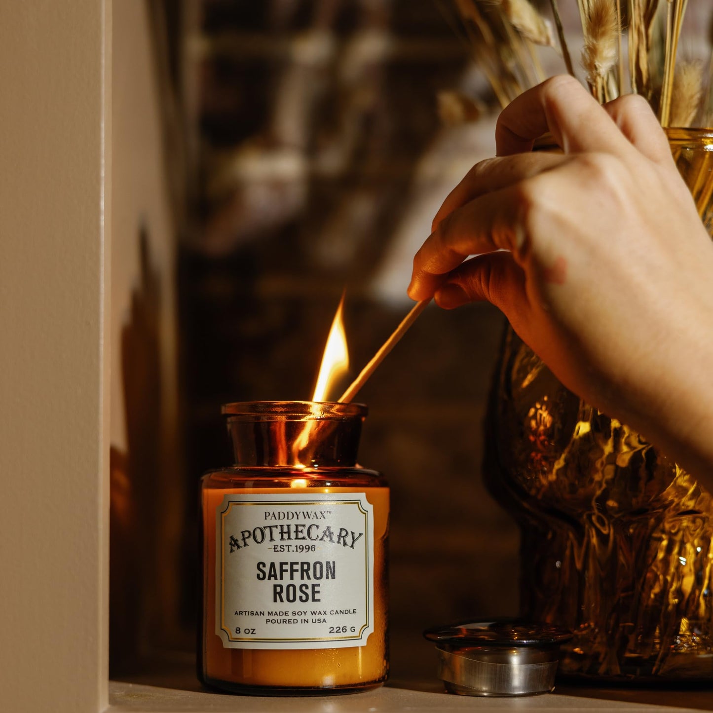Paddywax Artisan Apothecary Scented Candle with Lid in Reusable Glass Jar, Clean-Burn Soy Candle with Approx. 54 Hour Burn Time, Saffron & Rose, 8 oz