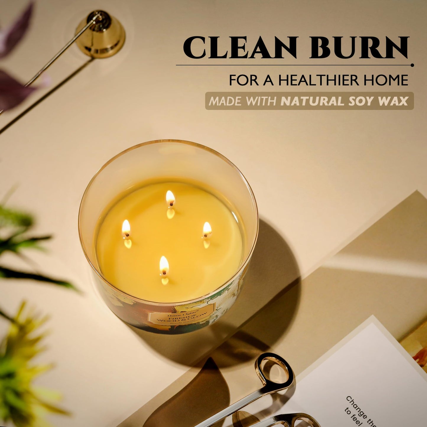 HomeLights 4-Wick Candles for Home Scented - 18oz Soy Wax Blend Candle Long-Lasting Fragrance, Industrial Chic Home Decor and Housewarming Gifts, Fireside Wood & Glow