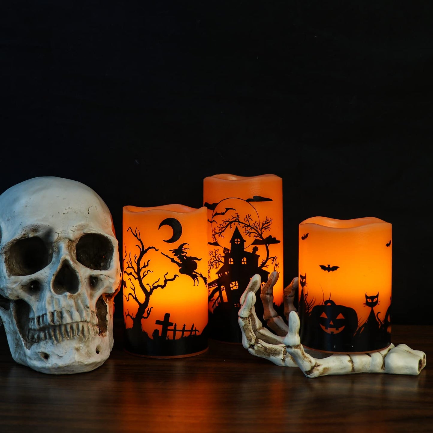 Lasumora Halloween Flameless Candles with 6-Hour Timer, Battery Operated Orange LED Pillar Candles Flickering Real Wax, Witch, Bats, Castle Decals Set of 3 for Halloween Decorations, D3”x H4” 5” 6”