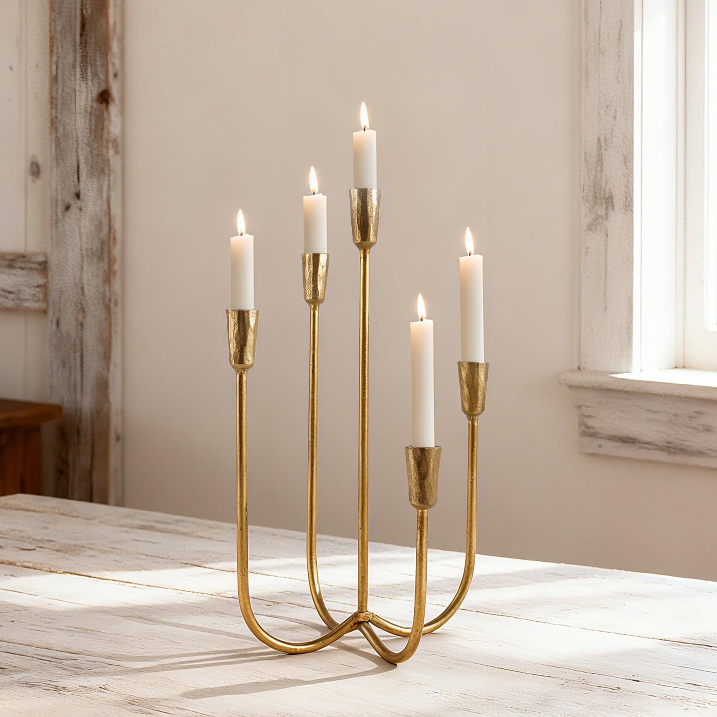 Cast Iron Candelabra 5-Taper Candle Holders, Golden Metal Candlestick Holders Tabletop Candles Stand, Decorative Table Centerpieces Mantel Decor, Antique Brass