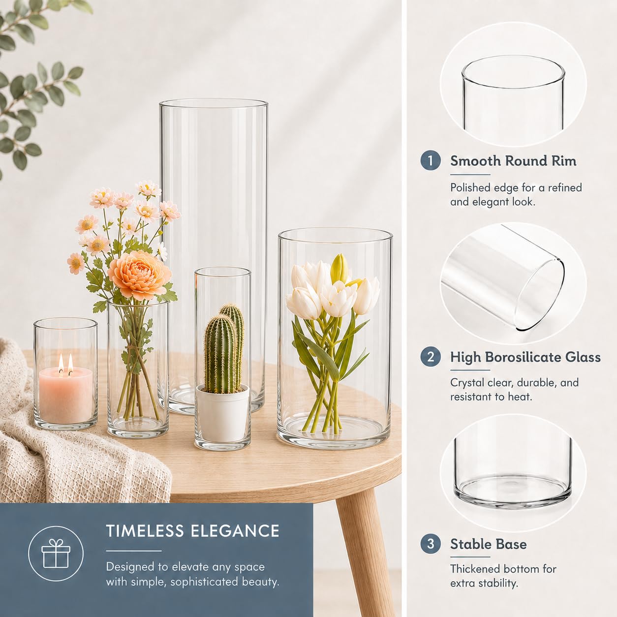 5pcs Glass Vase Cylinder Vases for Centerpieces Small Flower Glass Vases Home Decor Centerpiece Table Clear Flower Vase Decorations for Wedding&Holiday 4,6,7.5,8,10 Inch Tall