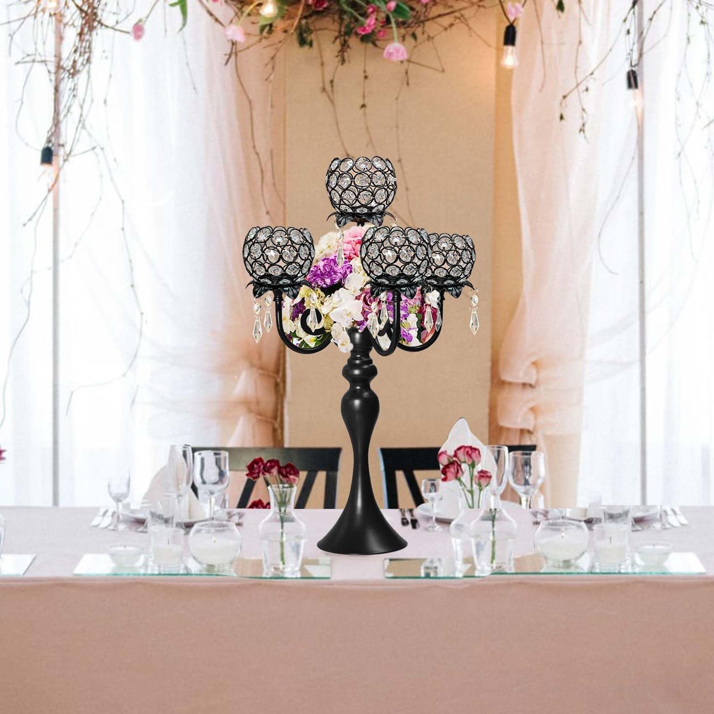 Kehail Crystal Tea Light Candle Holders Set - 14" L x 22.5" H Matte Black Metal & Sparkling Accents, Wedding & Party Centerpiece Decor(2, Black)