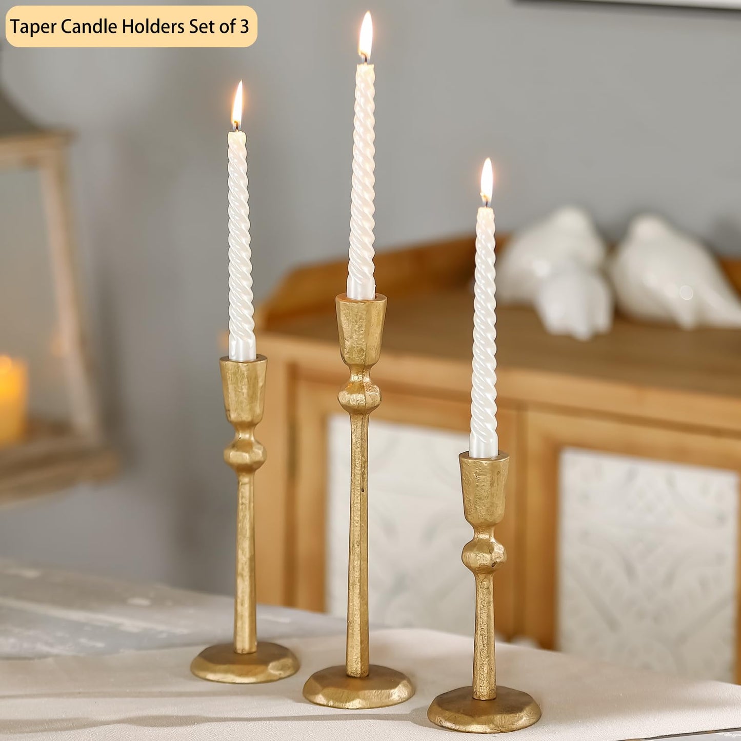 Wenbery Gold Taper Candle Holders Set of 3, Heavy Candlestick Holders Decorative Candle Stand for Table Centerpiece, Cast Iron Candle Stick Holder Decor