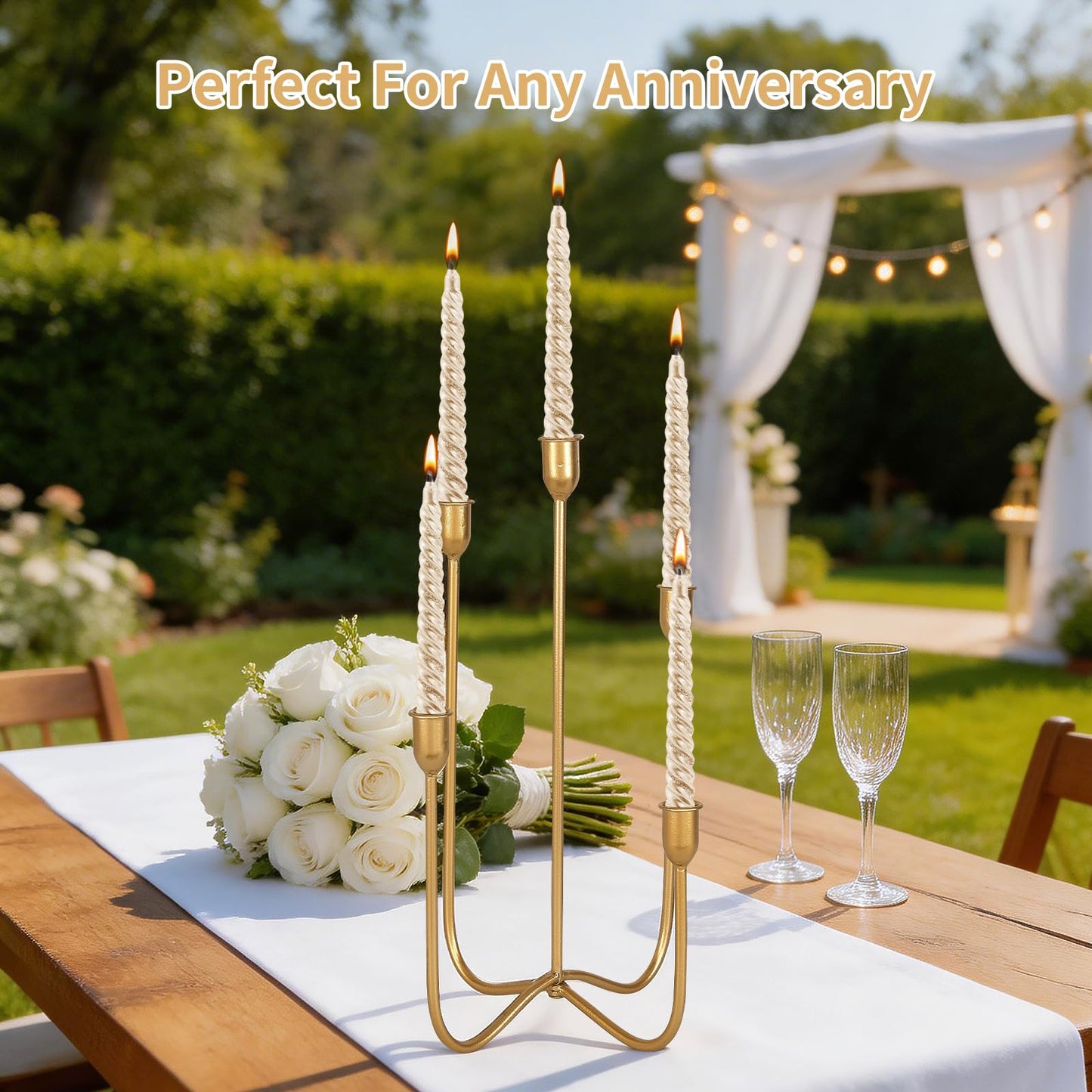 Vrnikhub 5 Arms Cast Iron Metal Candelabra, 15 Inch Tall Antique Brass Candlestick Holders, Tabletop Candle Stand for Wedding Events Dining Room Decor, Fits Taper & LED Candles