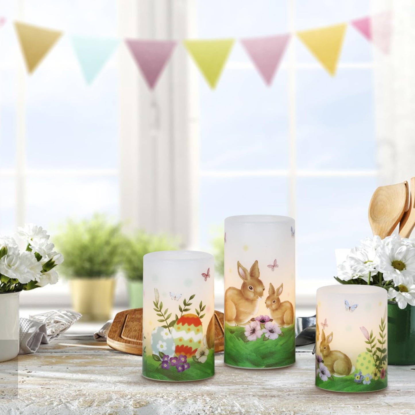 Wondise Easter Bunny Flameless Candles with 6hrs Timer, Battery Operated Pillar Candles with Easter Eggs Lilies Real Wax Flickering LED Candles for Easter Decoration Set of 3(D3 x H4/5/6 Inch)