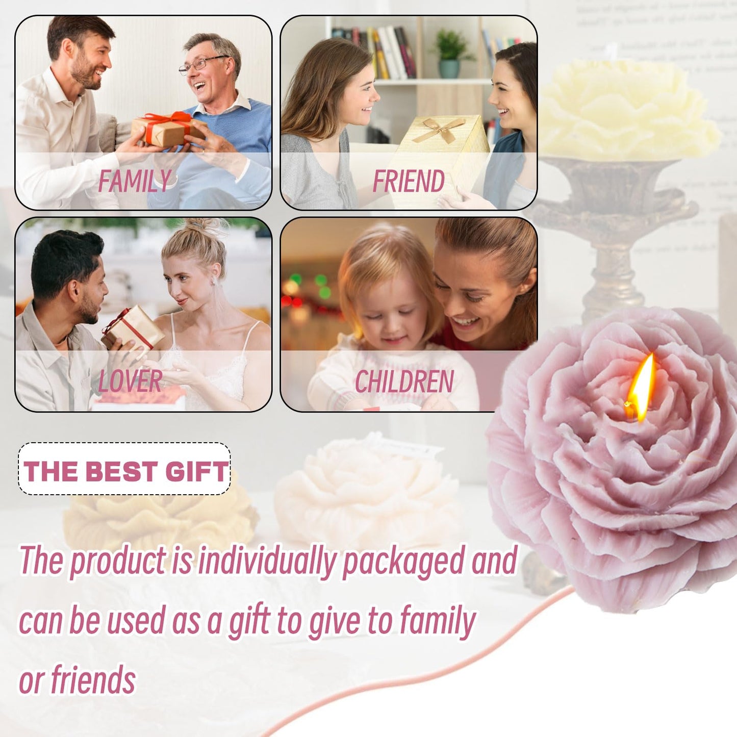 Peony Flower Shape Candles 1 Pack Soy Wax Decorative Candle for Bedroom Home Scented Candle Gift to Friends Family (Dark Purple)