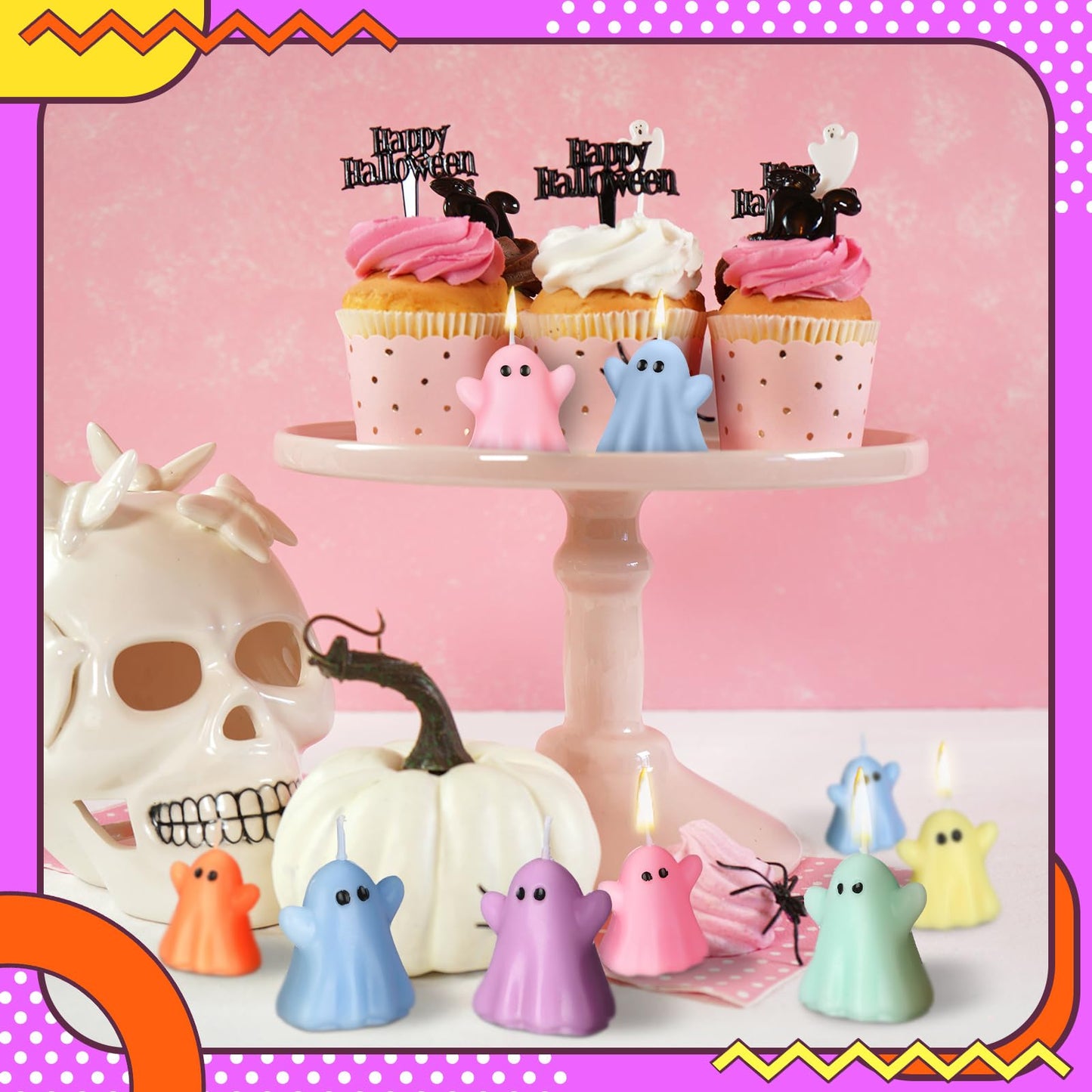 DoubleFill 12 Pcs Pastel Halloween Ghost Candles Cute Burning Unscented Wax Candles Ghost Spooky Decor for Halloween Holidays Party Bedroom Table Decorations